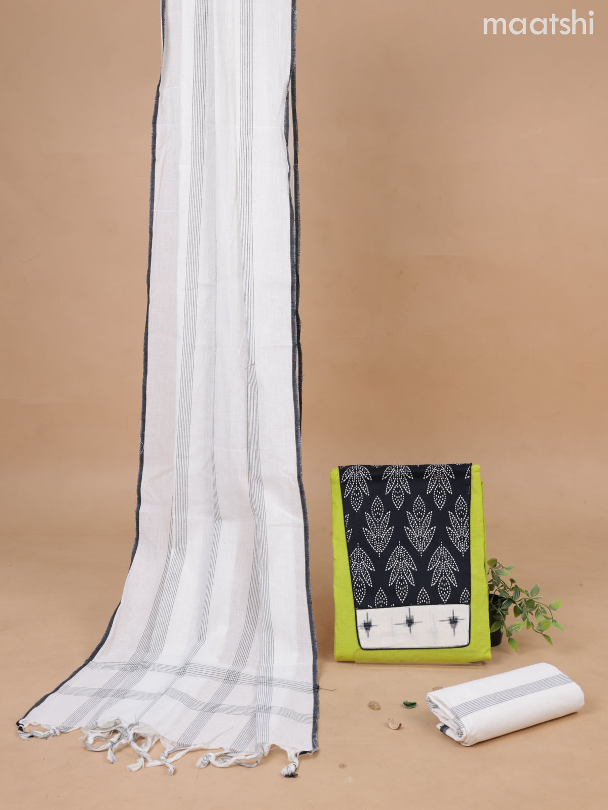 Cotton dress material fluorescent green and off white with patch work neck pattern and bottom & printed dupatta