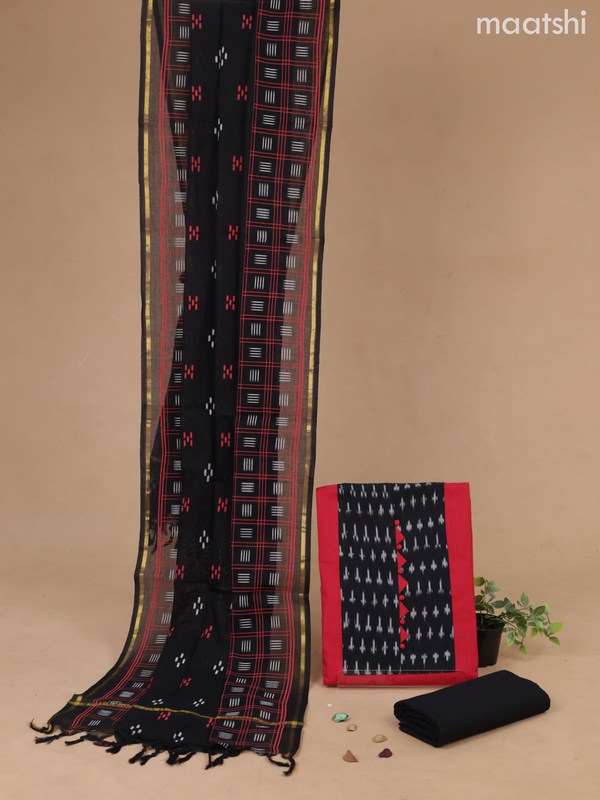 Cotton dress material red and black with ikat design & patch work neck pattern and bottom & cotton dupatta