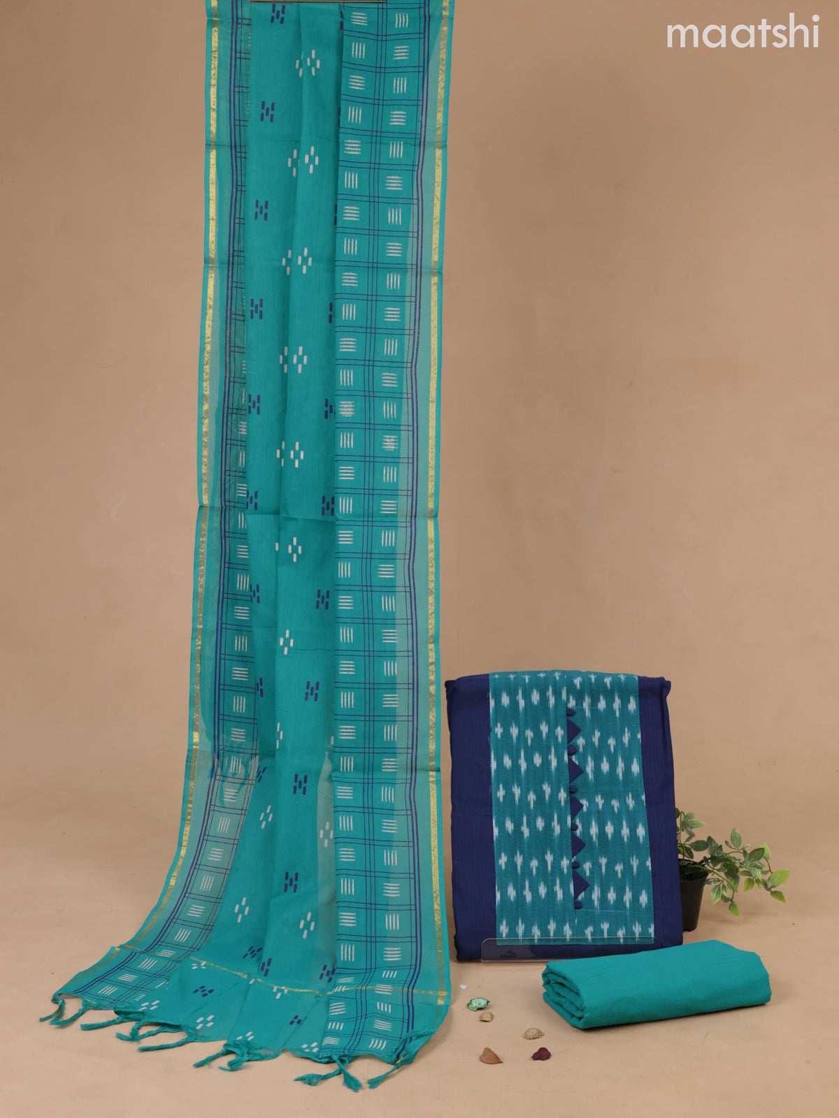 Cotton dress material navy blue and teal green with ikat design & patch work neck pattern and bottom & cotton dupatta