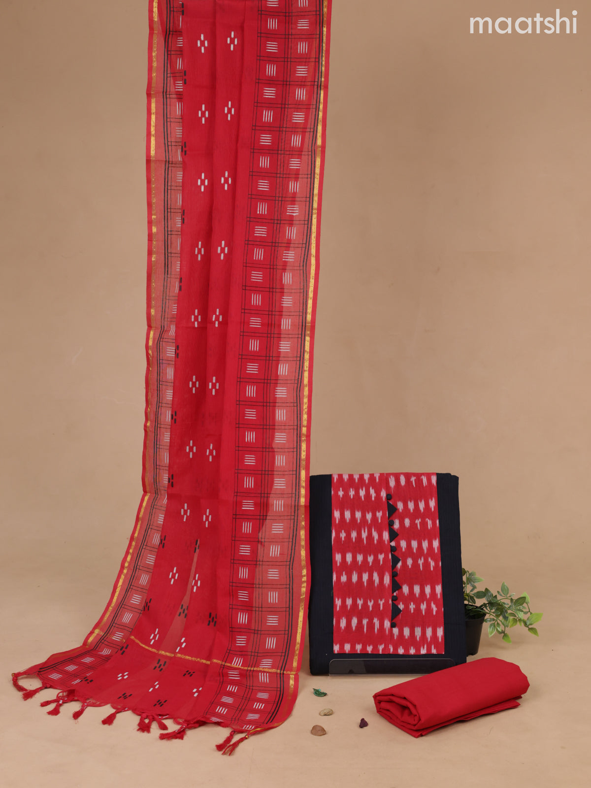 Cotton dress material black and red with ikat design & patch work neck pattern and bottom & cotton dupatta