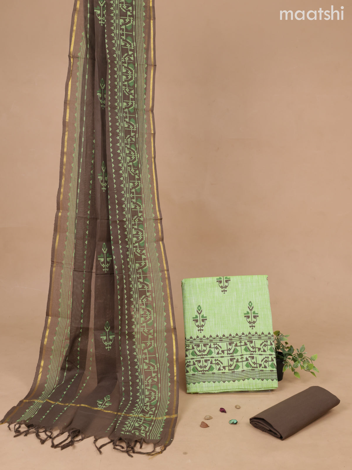 Cotton dress material light green and coffee brown with butta prints and bottom & printed dupatta