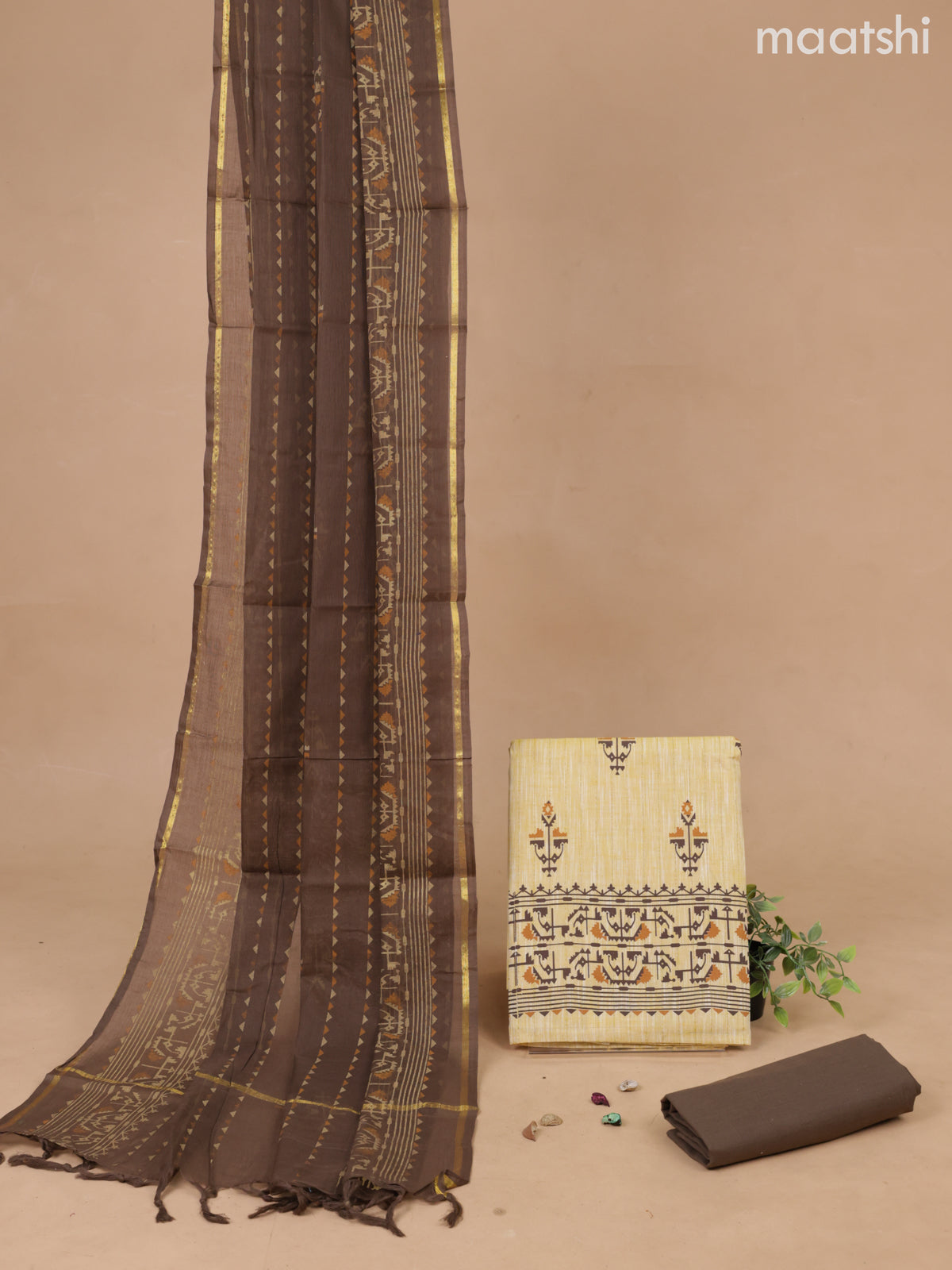 Cotton dress material sandal and coffee brown with butta prints and bottom & printed dupatta