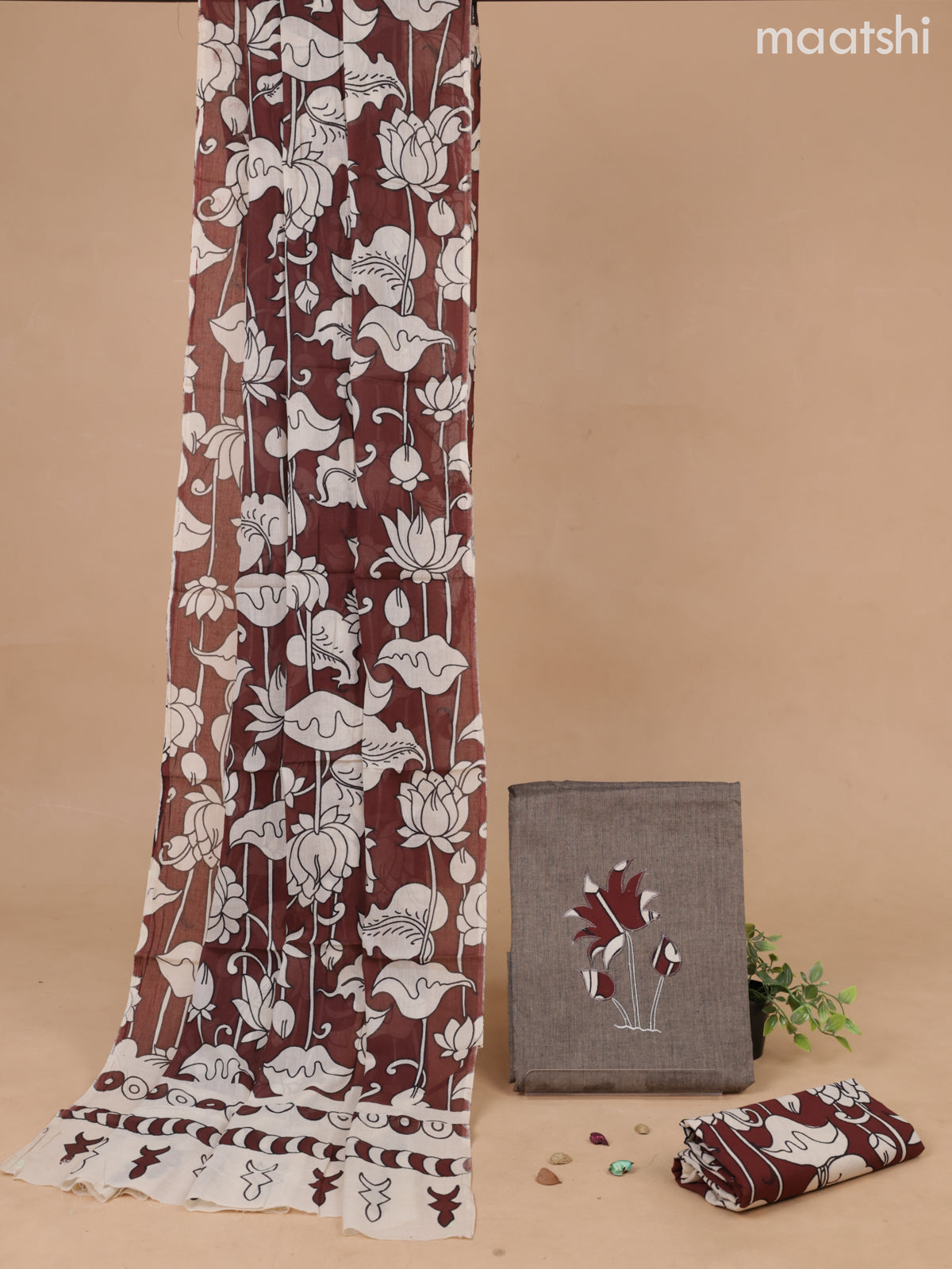 Cotton dress material grey and cream maroon with patch work neck pattern and bottom & printed dupatta
