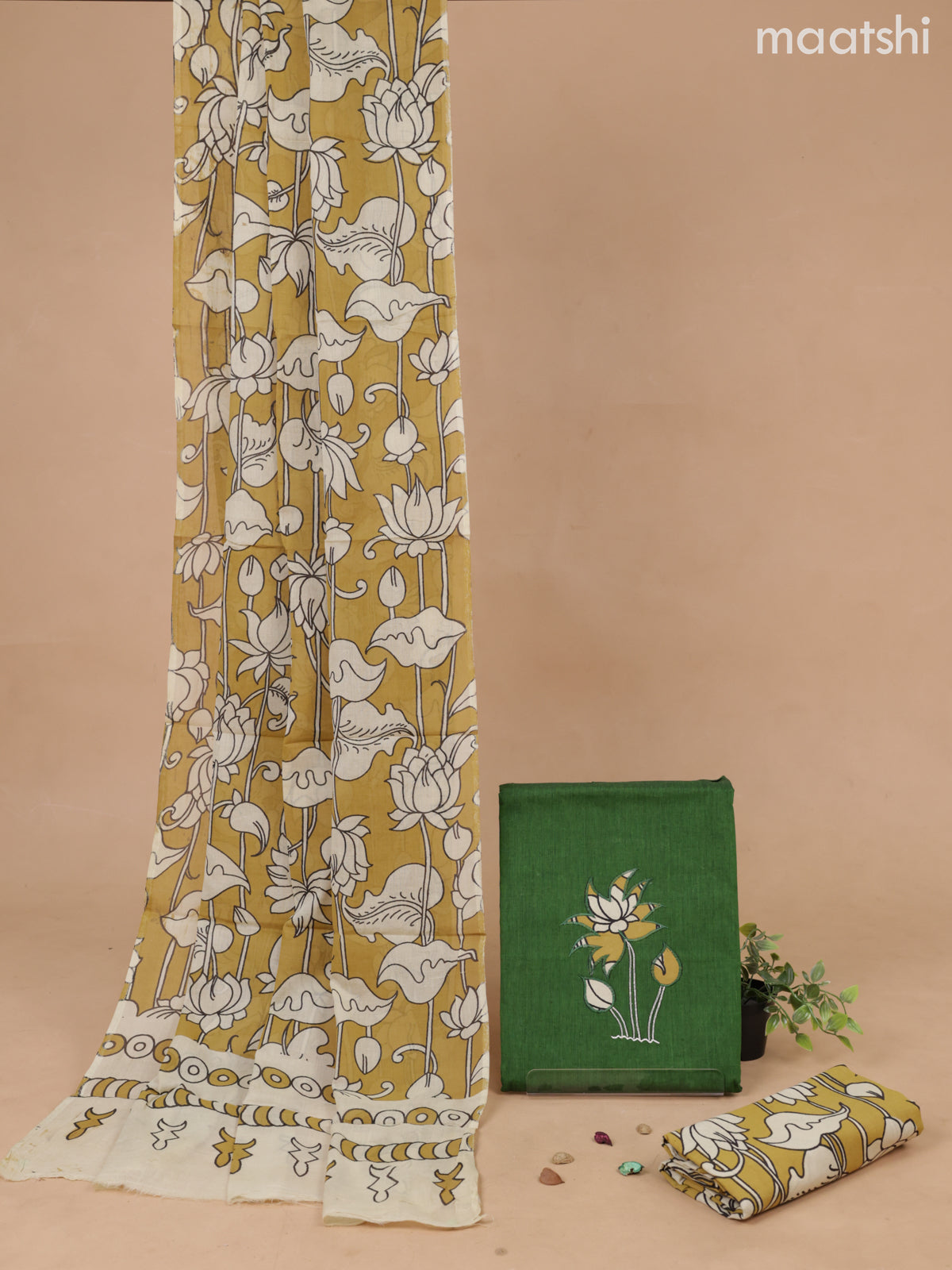 Cotton dress material green and cream yellow with patch work neck pattern and bottom & printed dupatta