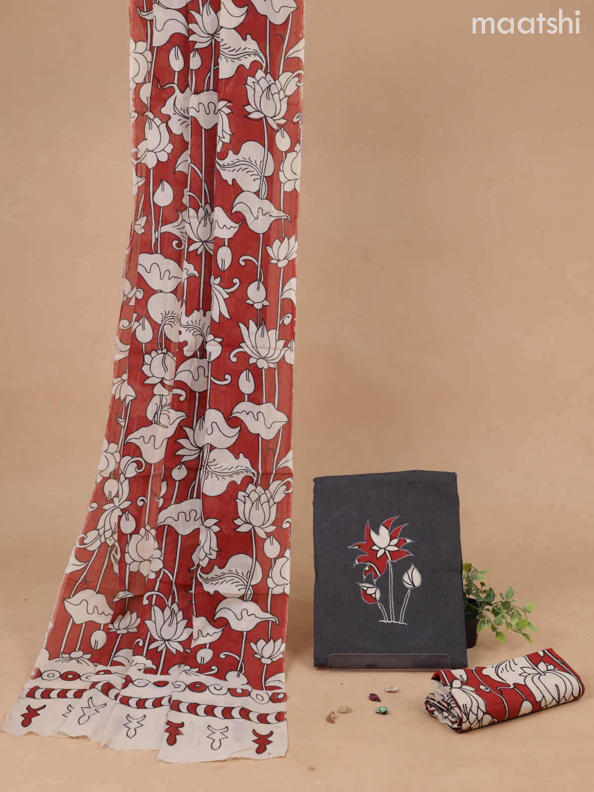 Cotton dress material grey and cream maroon with patch work neck pattern and bottom & printed dupatta