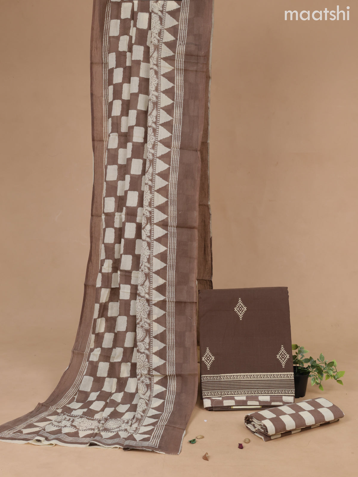 Cotton dress material brown and cream with butta prints and bottom & cotton dupatta
