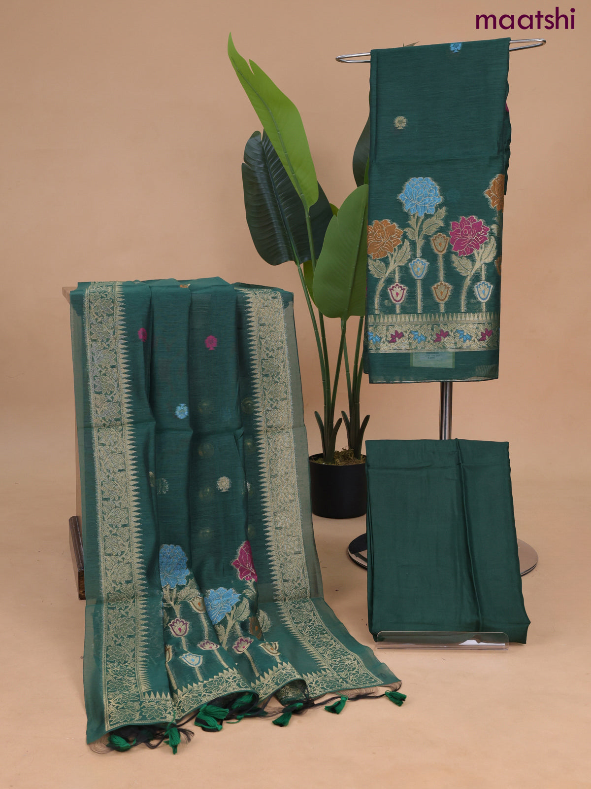Munga cotton dress material dark green with thread & zari woven buttas and bottom & dupatta