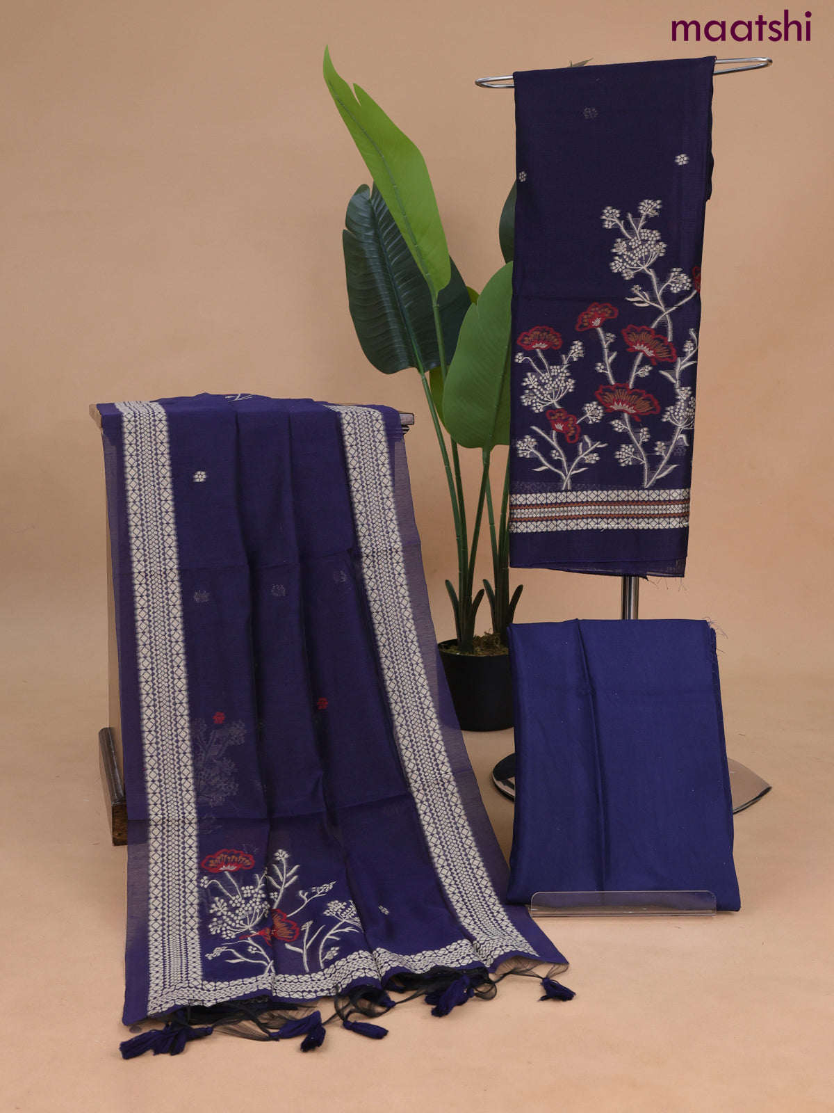 Munga cotton dress material navy blue with thread & zari woven buttas and bottom & dupatta
