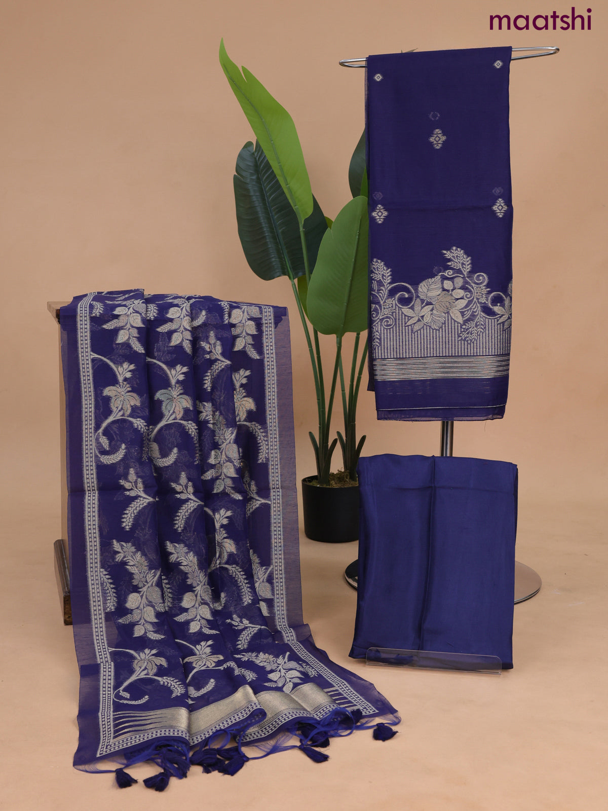 Munga cotton dress material navy blue with thread & zari woven buttas and bottom & dupatta