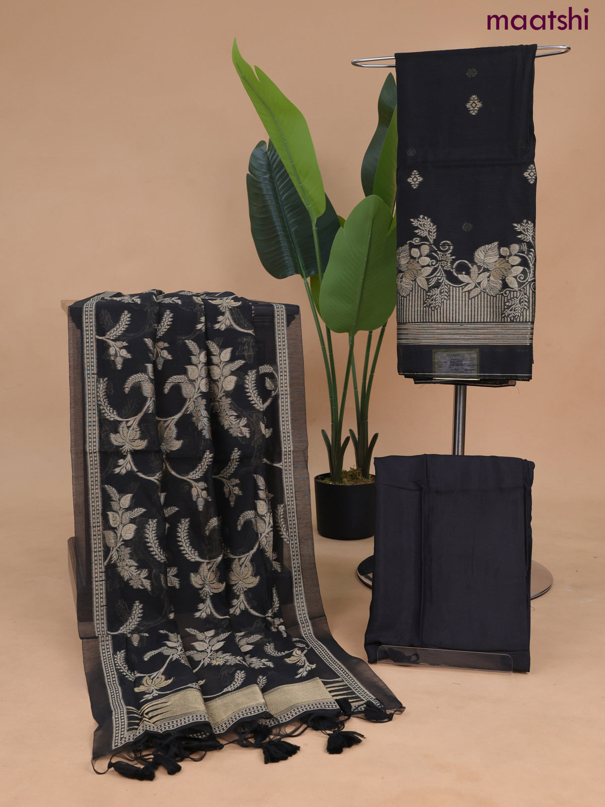 Munga cotton dress material black with thread & zari woven buttas and bottom & dupatta