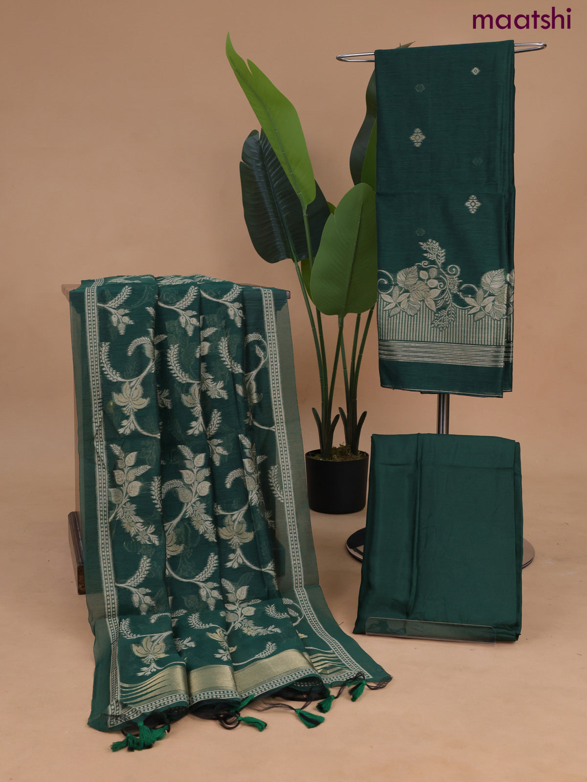 Munga cotton dress material dark green with thread & zari woven buttas and bottom & dupatta