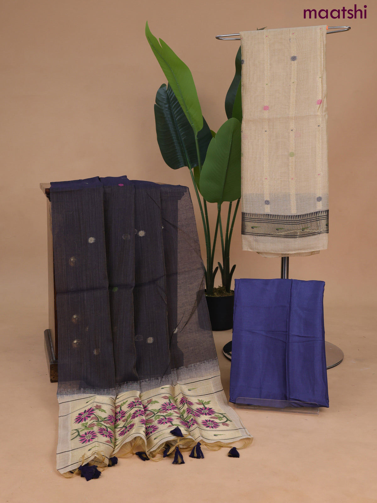 Munga cotton dress material beige and navy blue with allover thread & zari weaves and bottom & paithani design dupatta