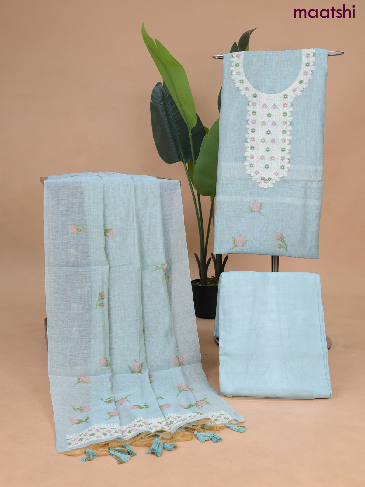 Munga cotton dress material pastel blue with thread & zari woven floral neck pattern and bottom & dupatta