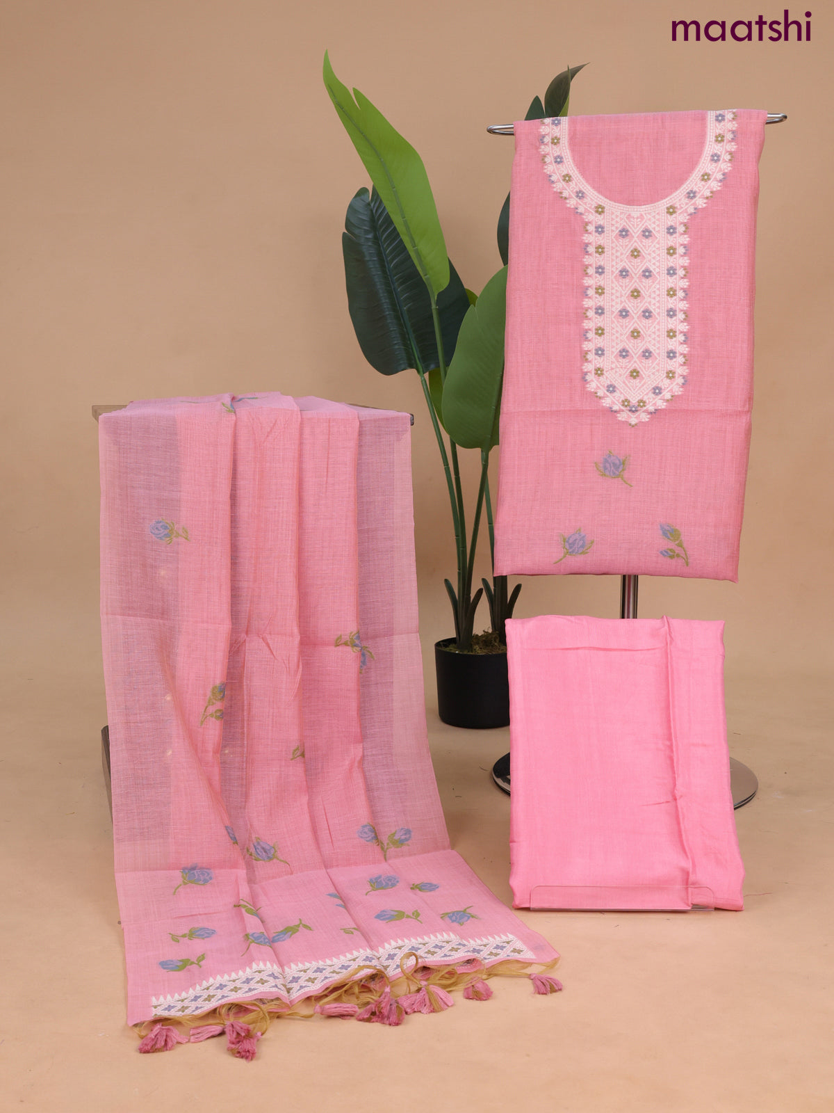 Munga cotton dress material peach pink with thread & zari woven floral neck pattern and bottom & dupatta