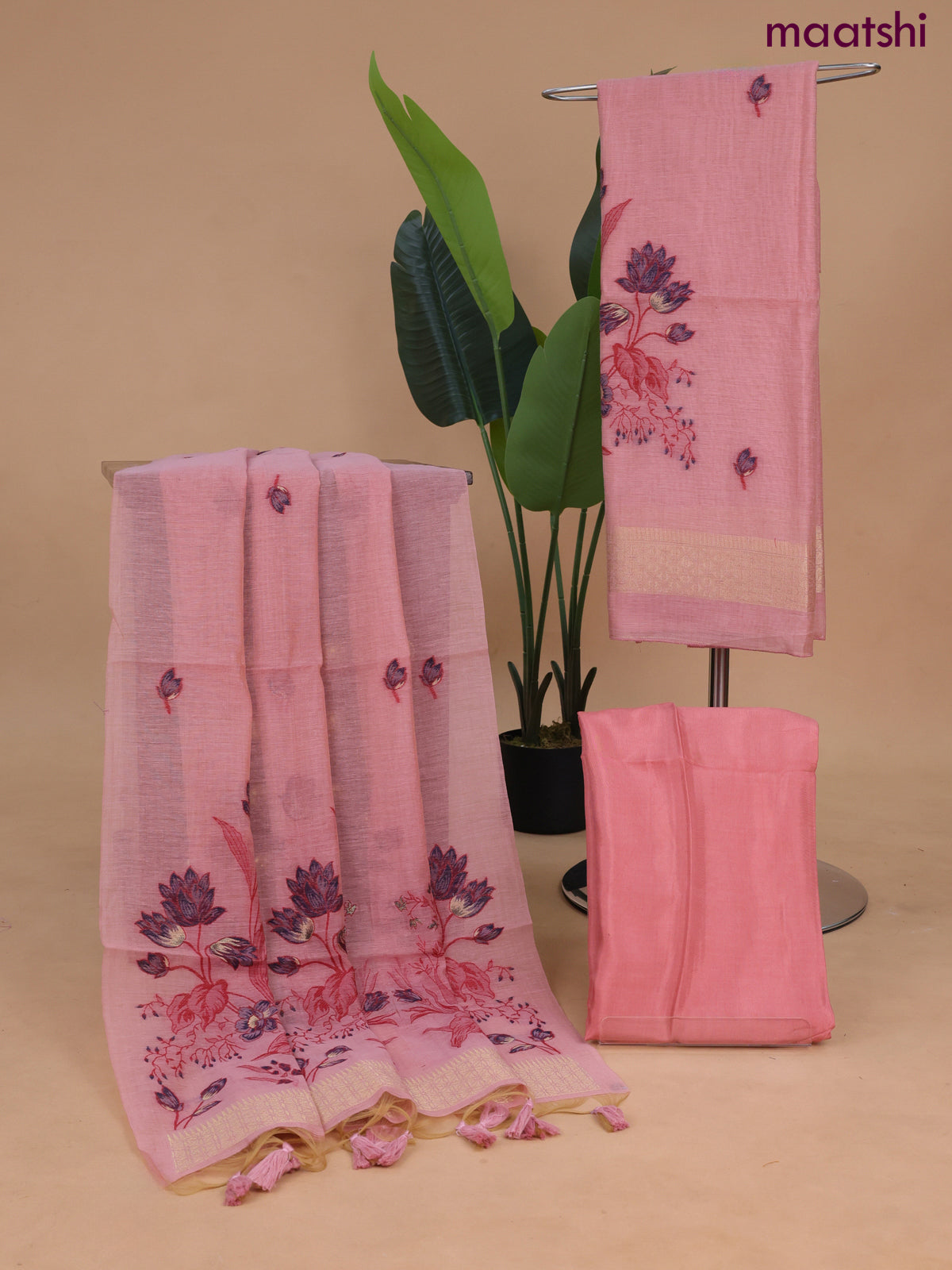 Munga cotton dress material peach pink with thread & zari woven buttas and bottom & dupatta