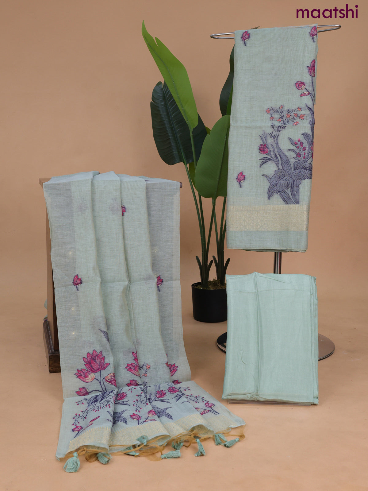 Munga cotton dress material pastel green with thread & zari woven buttas and bottom & dupatta