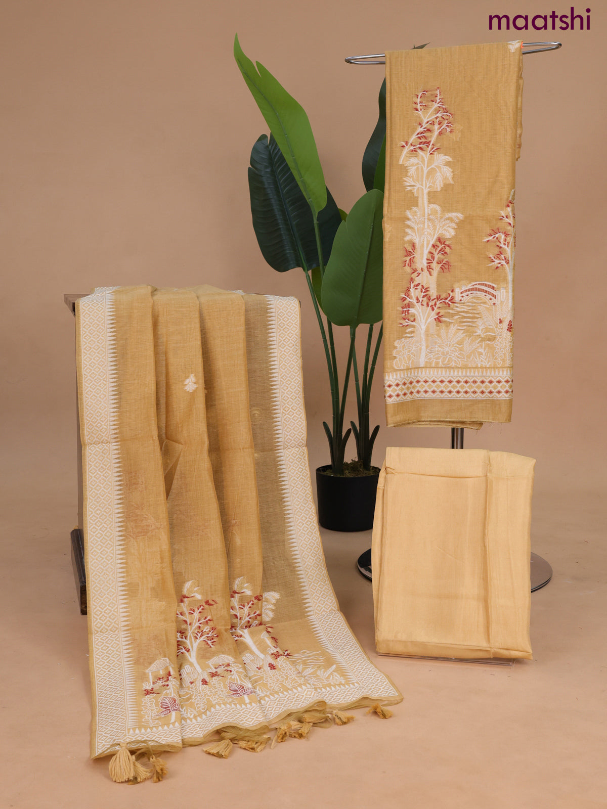 Munga cotton dress material sandal with thread & zari woven buttas and bottom & dupatta