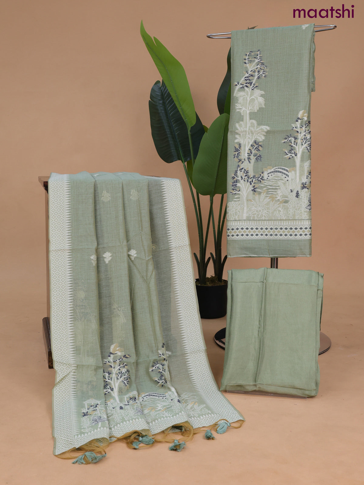 Munga cotton dress material pastel green with thread & zari woven buttas and bottom & dupatta