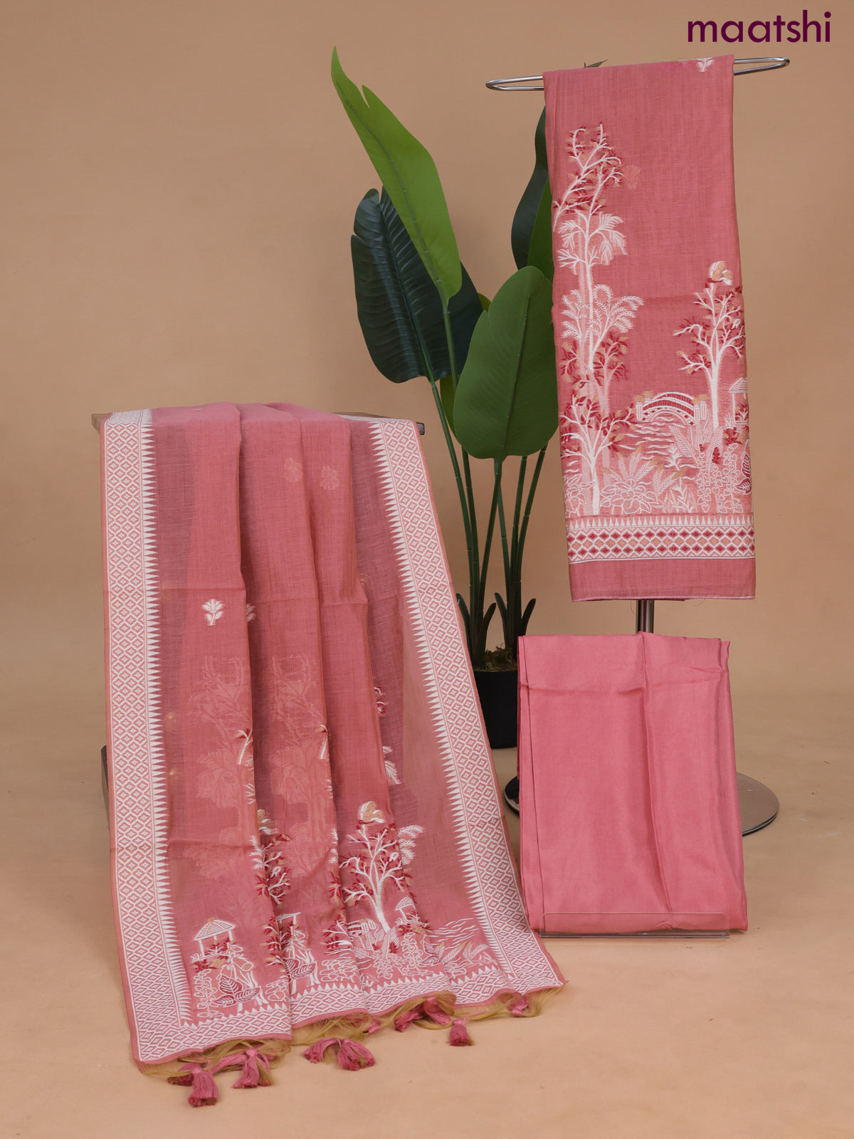 Munga cotton dress material dark peach with thread & zari woven buttas and bottom & dupatta