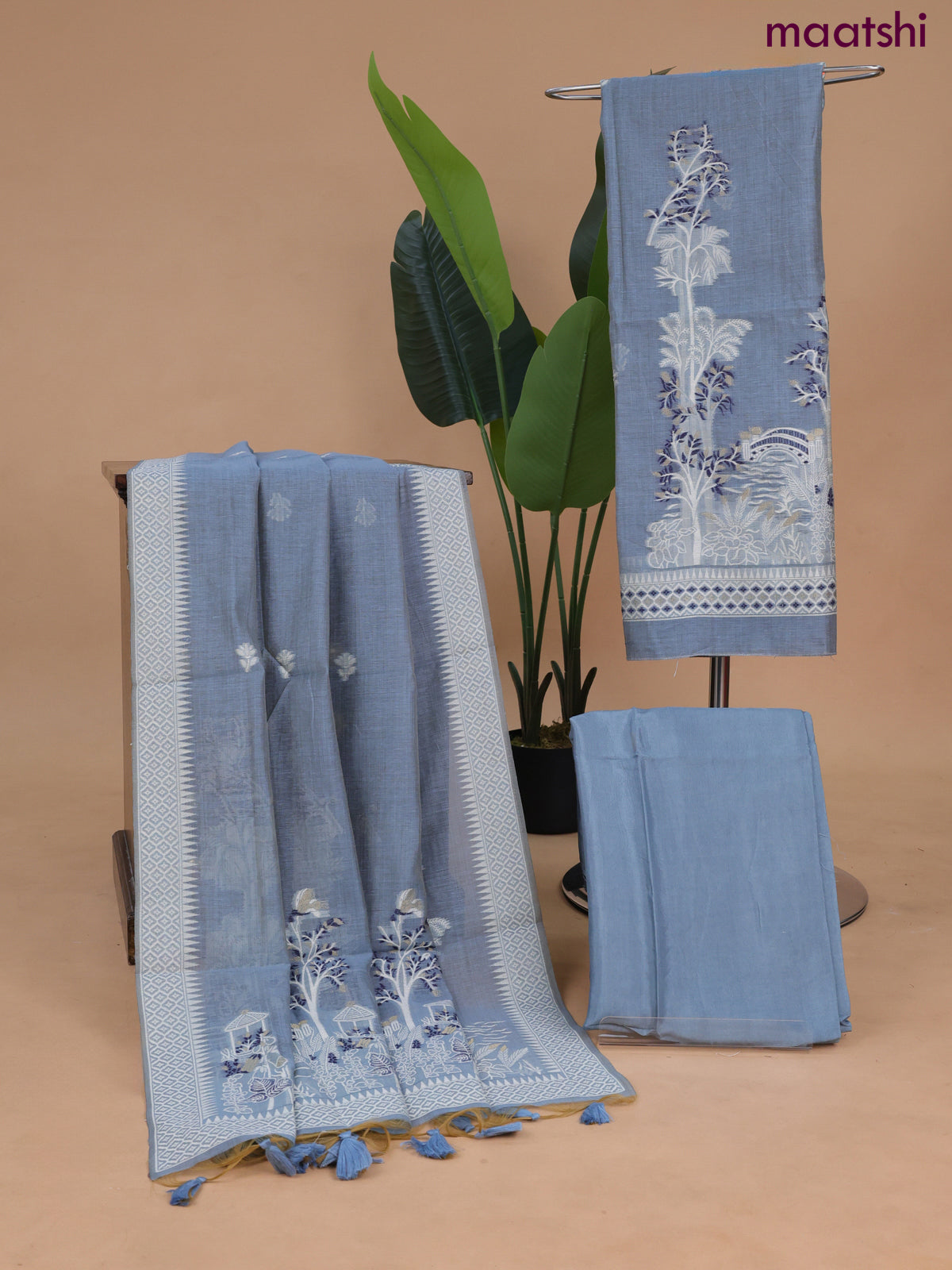 Munga cotton dress material bluish grey with thread & zari woven buttas and bottom & dupatta