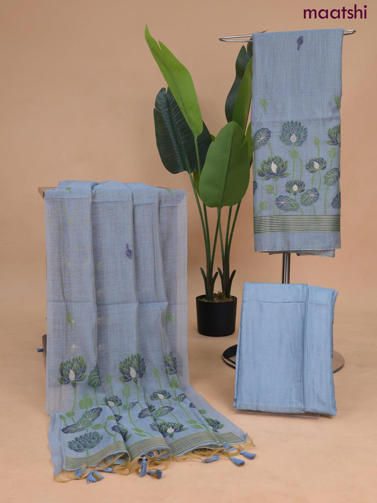 Munga cotton dress material bluish grey with thread & zari woven buttas and bottom & dupatta