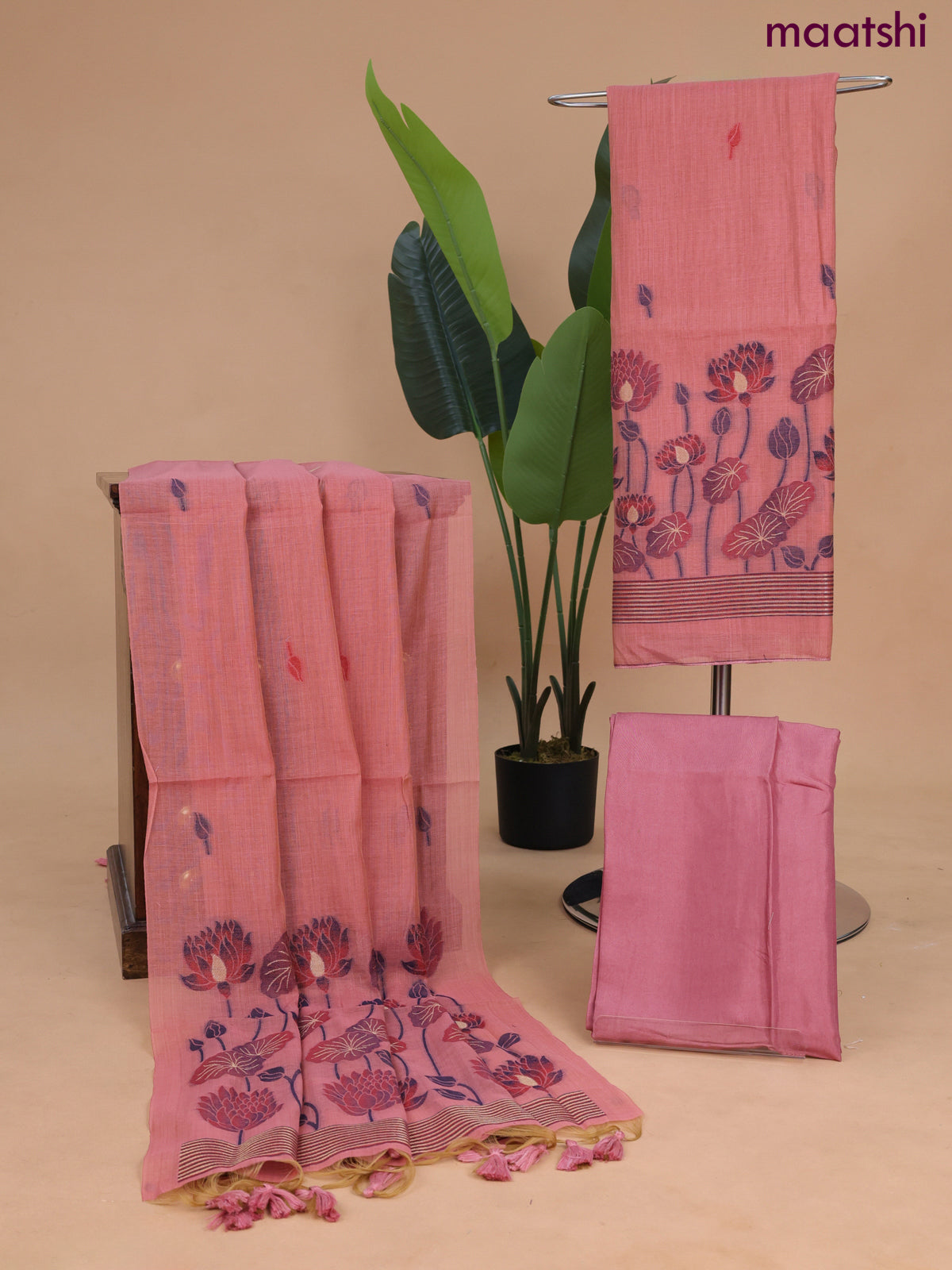 Munga cotton dress material peach shade with thread & zari woven buttas and bottom & dupatta