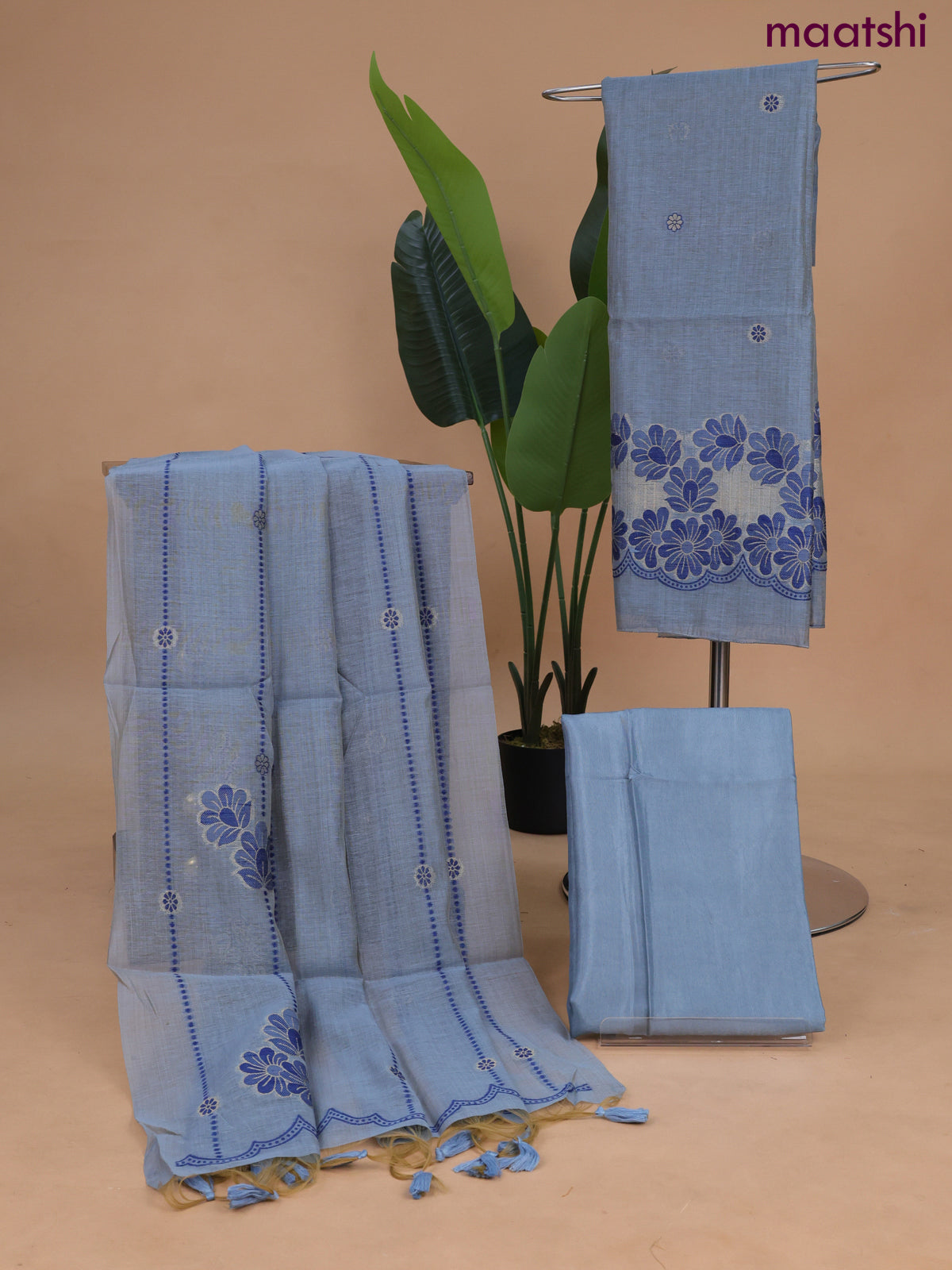 Munga cotton dress material bluish grey with thread & zari woven buttas and bottom & dupatta