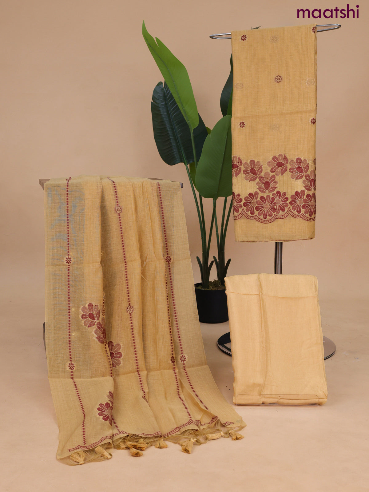 Munga cotton dress material sandal with thread & zari woven buttas and bottom & dupatta
