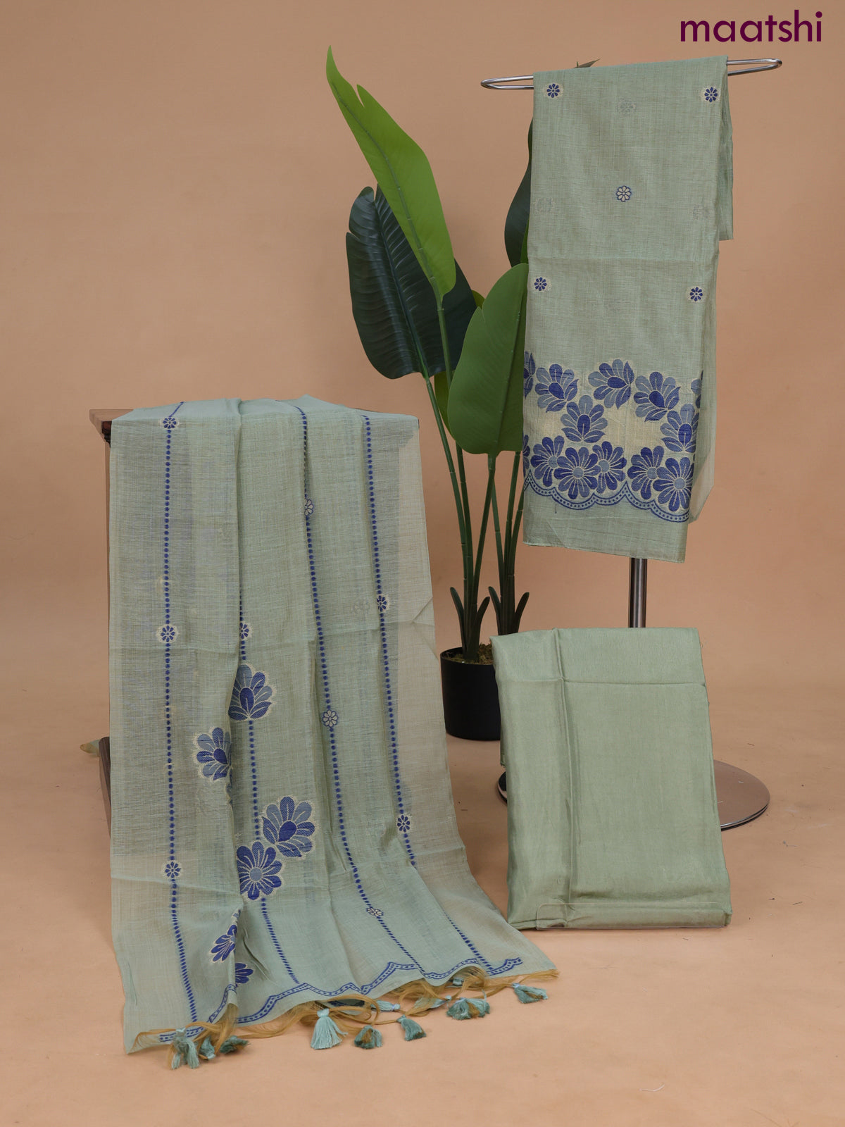 Munga cotton dress material pastel green with thread & zari woven buttas and bottom & dupatta