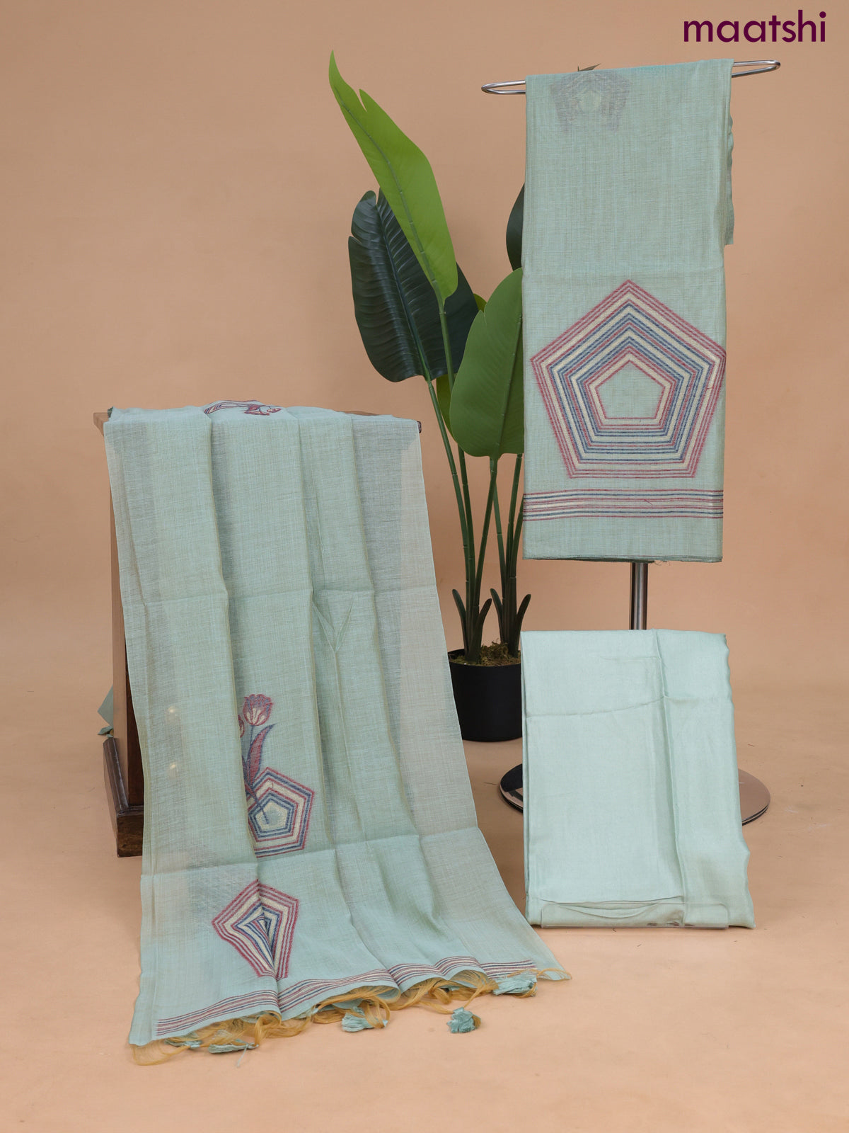 Munga cotton dress material pastel green with thread & zari woven geometric buttas and bottom & dupatta