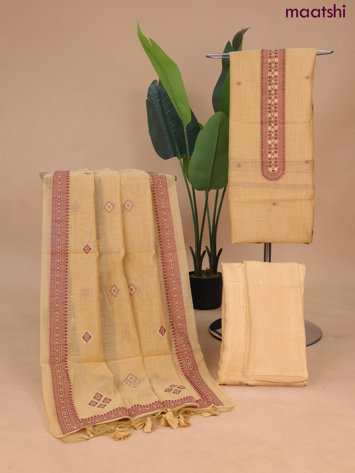 Munga cotton dress material sandal with thread & zari woven buttas and bottom & dupatta