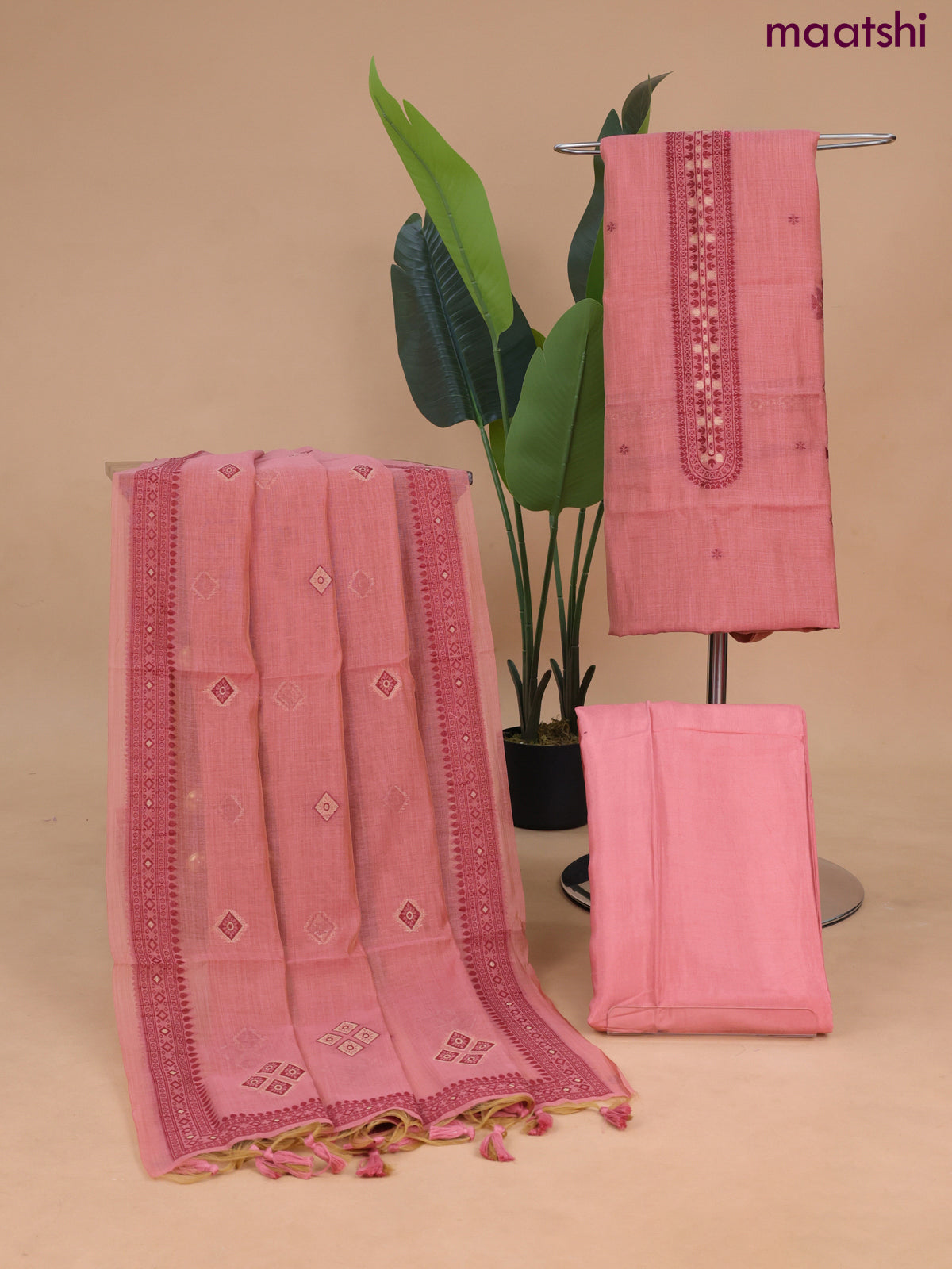 Munga cotton dress material peach shade with thread & zari woven buttas and bottom & dupatta