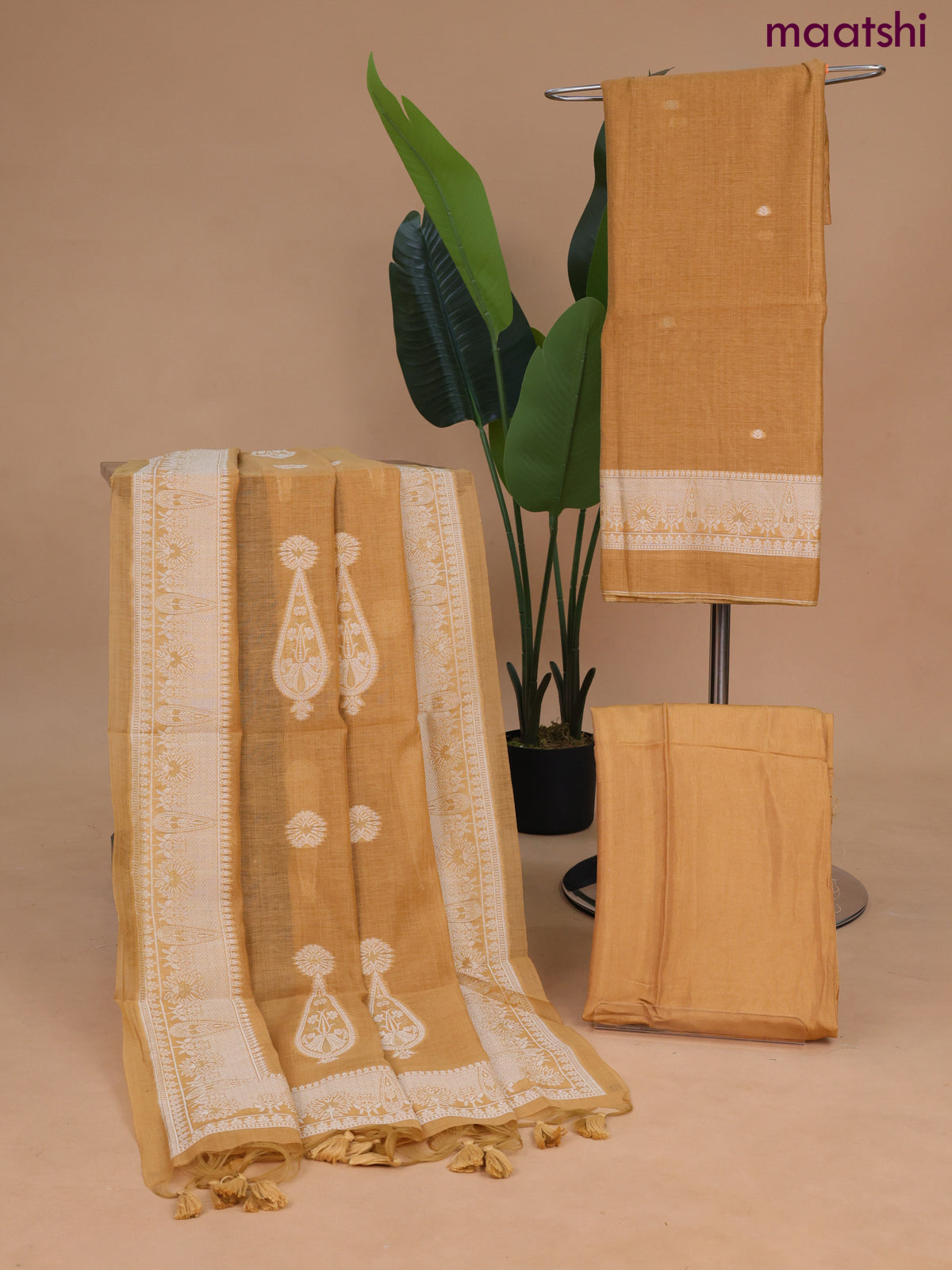 Munga cotton dress material dark mustard with thread & zari woven buttas and bottom & dupatta