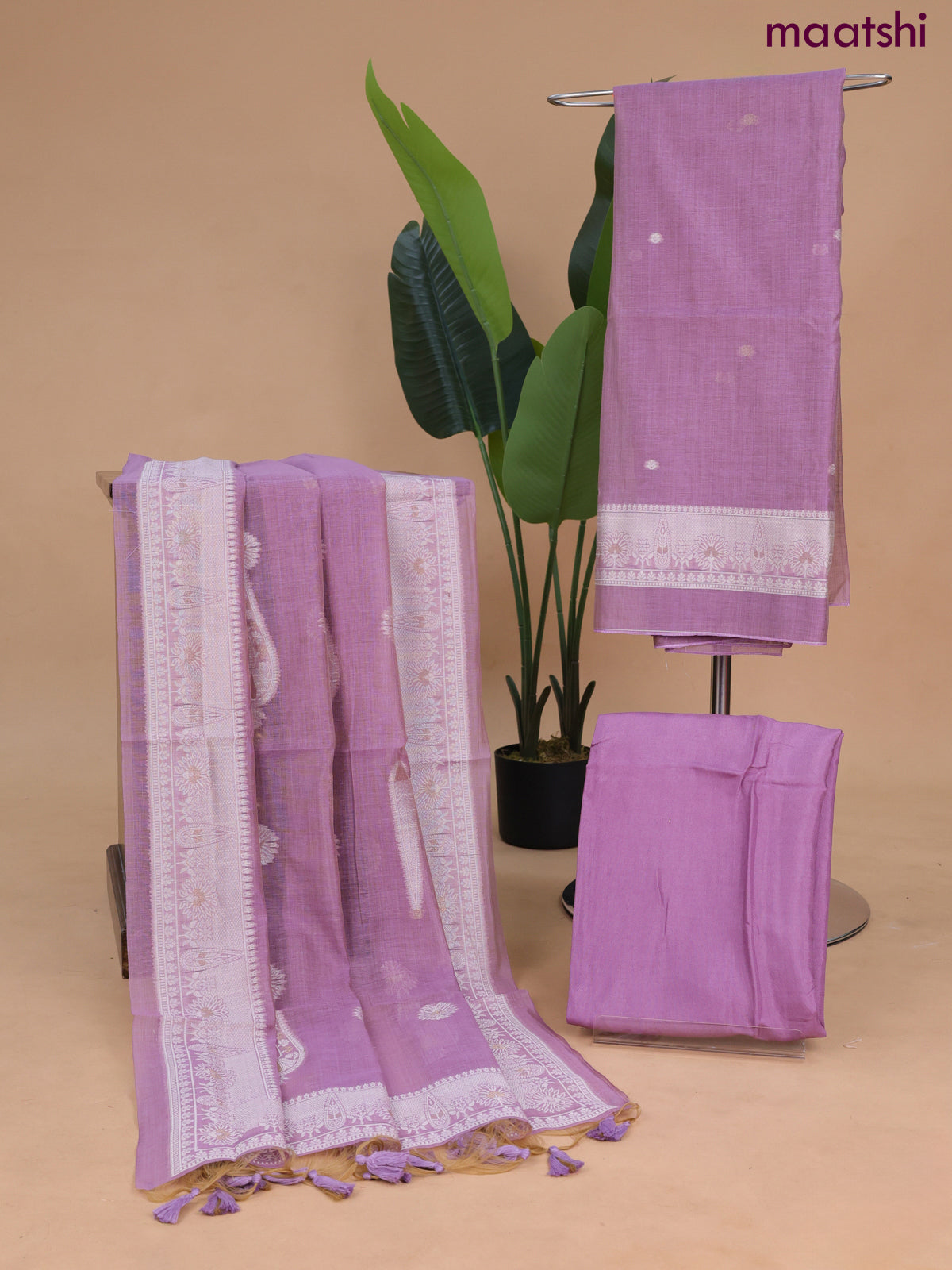 Munga cotton dress material lavender with thread & zari woven buttas and bottom & dupatta
