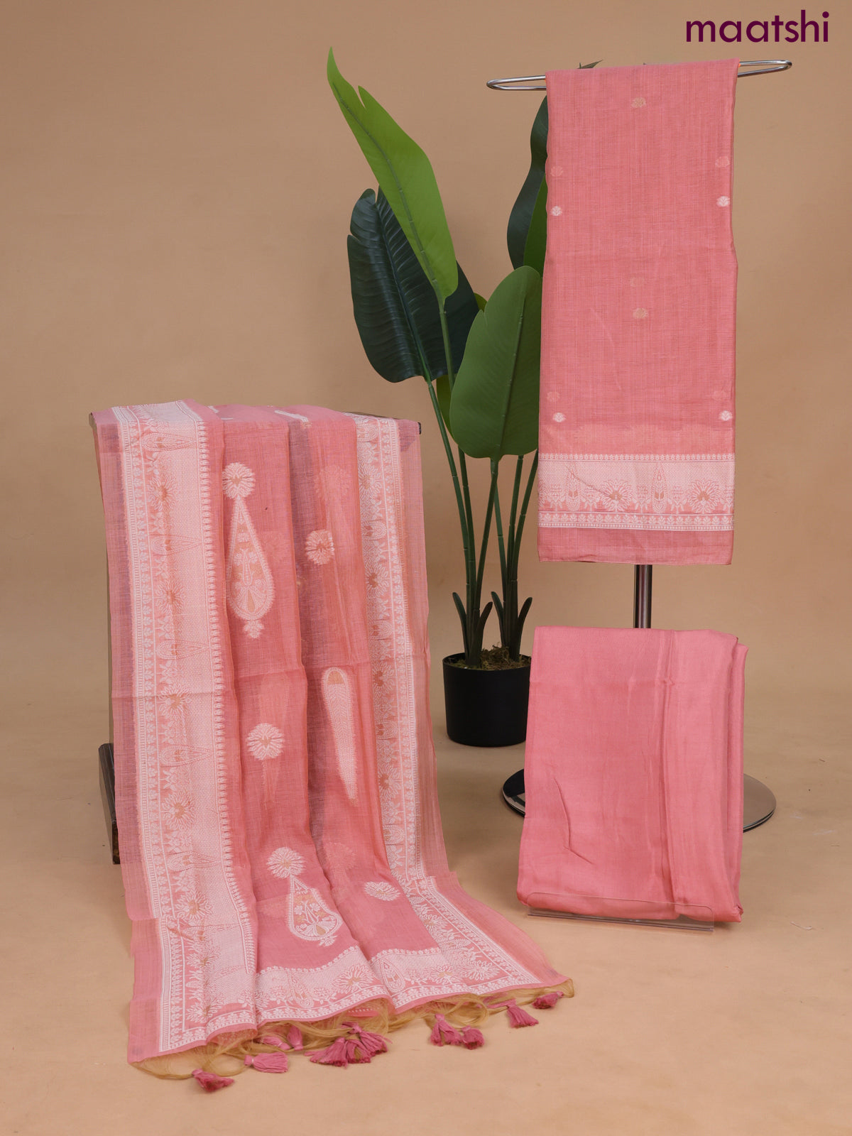 Munga cotton dress material peach shade with thread & zari woven buttas and bottom & dupatta