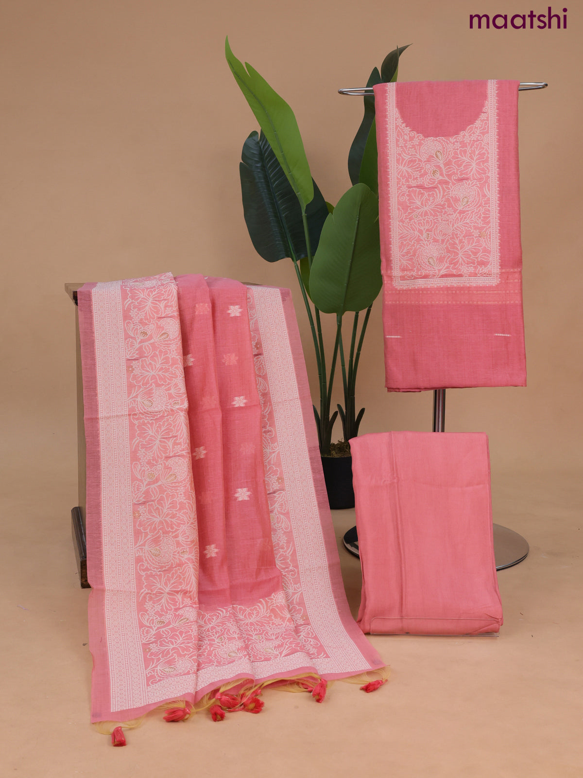 Munga cotton dress material peach shade with thread & zari woven neck pattern and bottom & dupatta