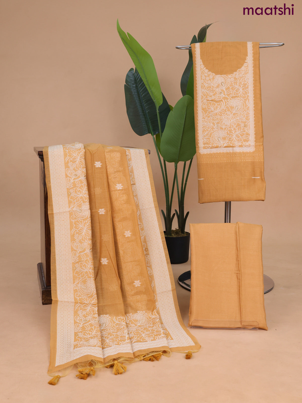 Munga cotton dress material dark mustard with thread & zari woven neck pattern and bottom & dupatta
