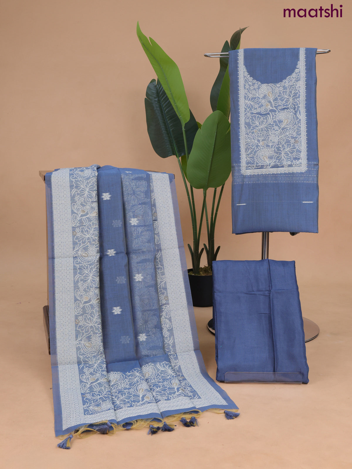 Munga cotton dress material dark peacock blue with thread & zari woven neck pattern and bottom & dupatta