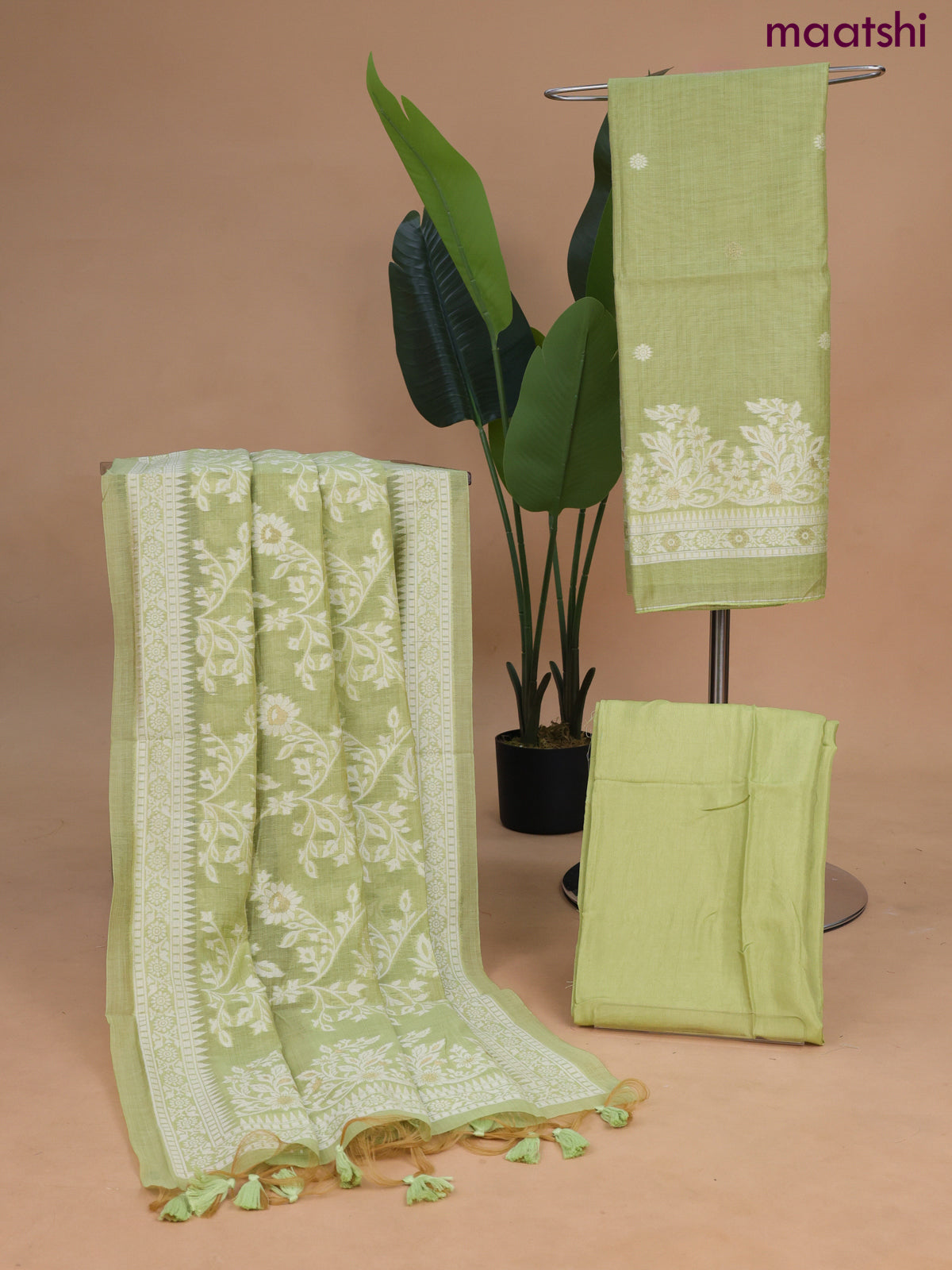 Munga cotton dress material pista green with thread & zari woven buttas and bottom & dupatta