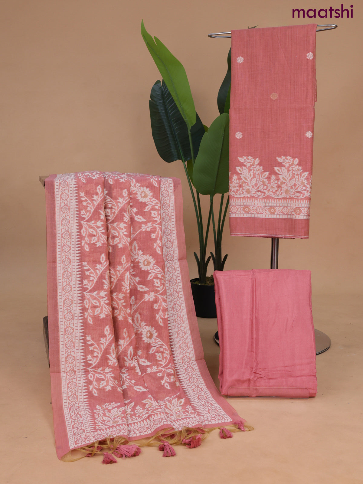 Munga cotton dress material dark peach with thread & zari woven buttas and bottom & dupatta