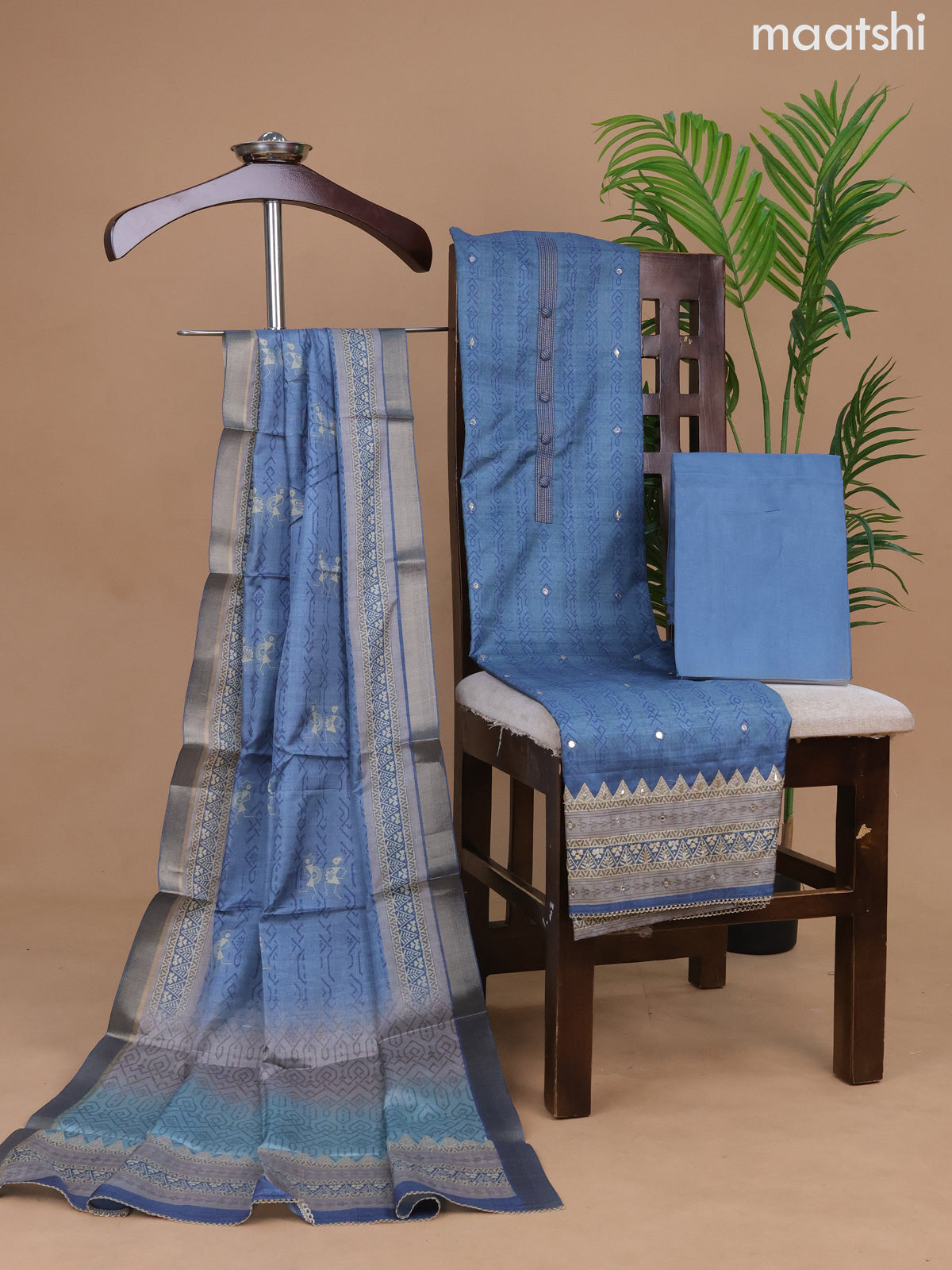 Semi tussar dress material bluish grey with allover prints & simple neck pattern and bottom & warli printed dupatta