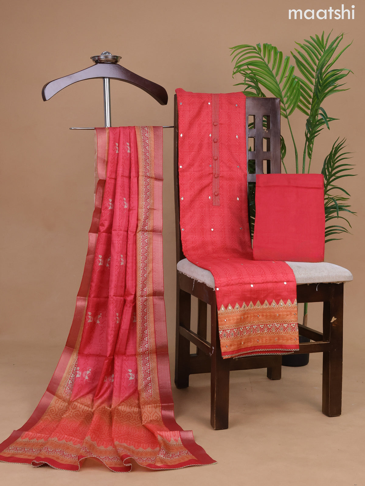Semi tussar dress material red shade with allover prints & simple neck pattern and bottom & warli printed dupatta