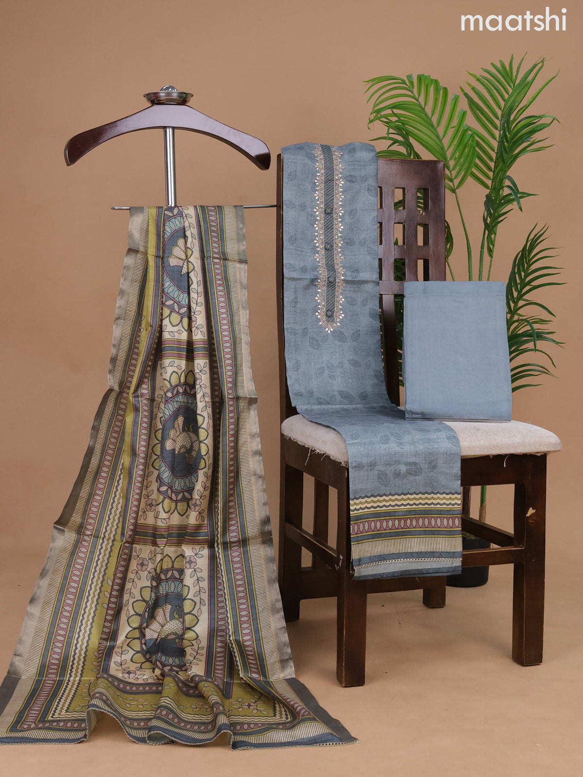 Semi tussar dress material grey shade with allover prints & gota patti lace work neck pattern and bottom & madhubani printed dupatta