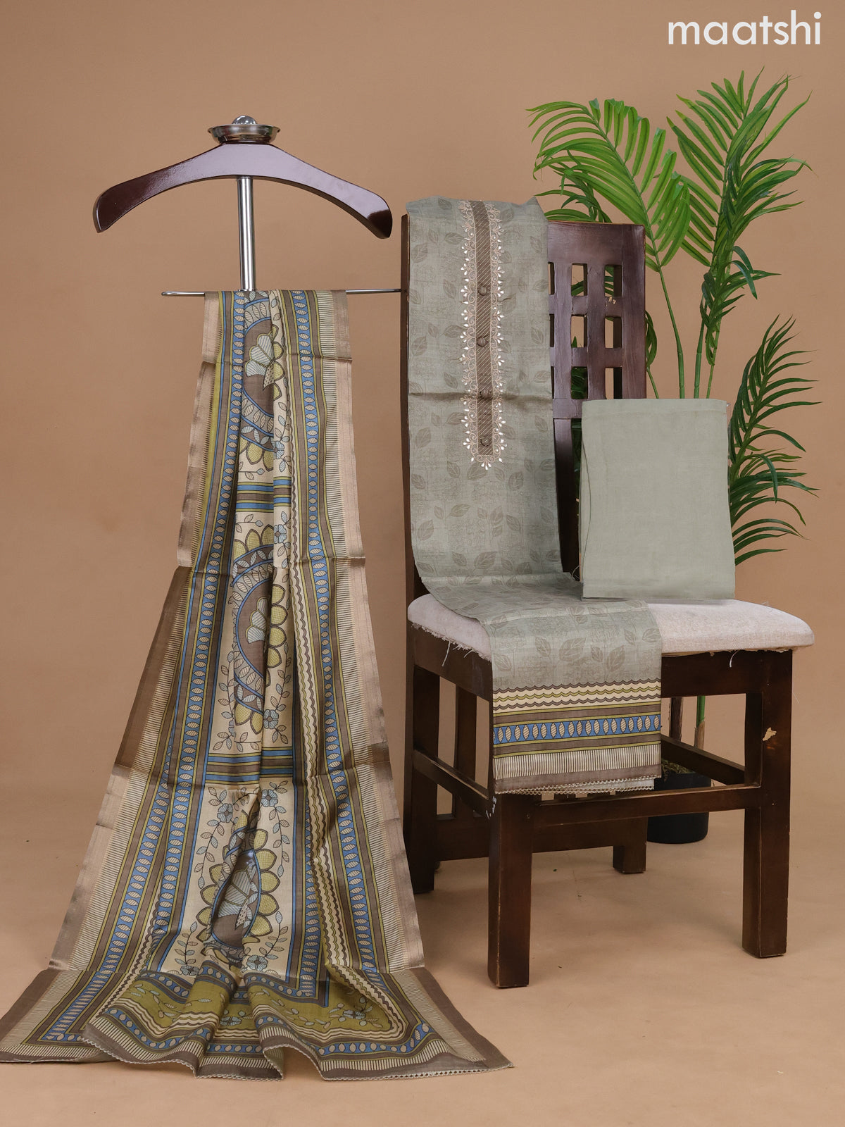 Semi tussar dress material elaichi green with allover prints & gota patti lace work neck pattern and bottom & madhubani printed dupatta