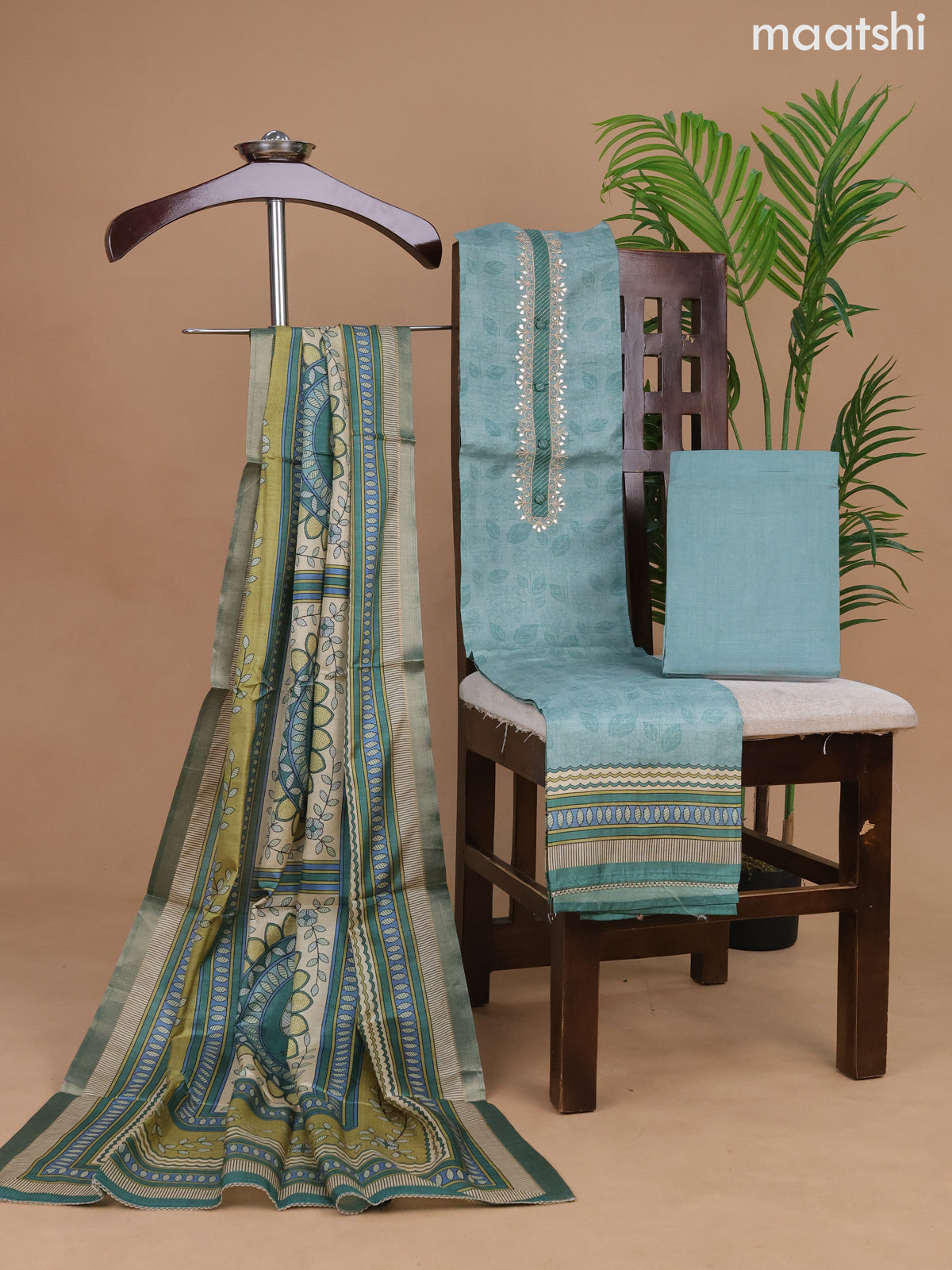 Semi tussar dress material green shade with allover prints & gota patti lace work neck pattern and bottom & madhubani printed dupatta