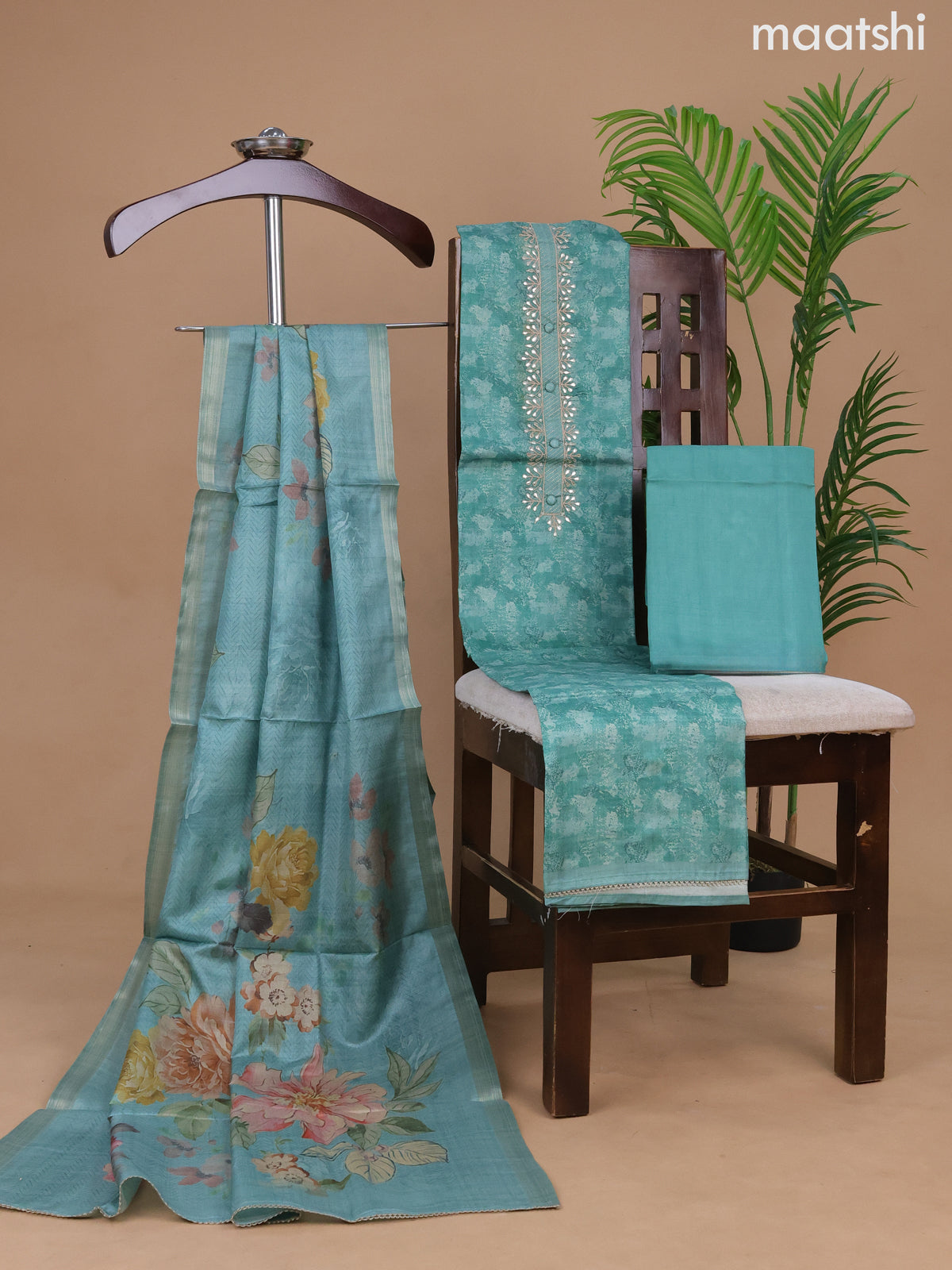 Semi tussar dress material teal green shade with allover prints & gota patti lace work neck pattern and bottom & floral printed dupatta