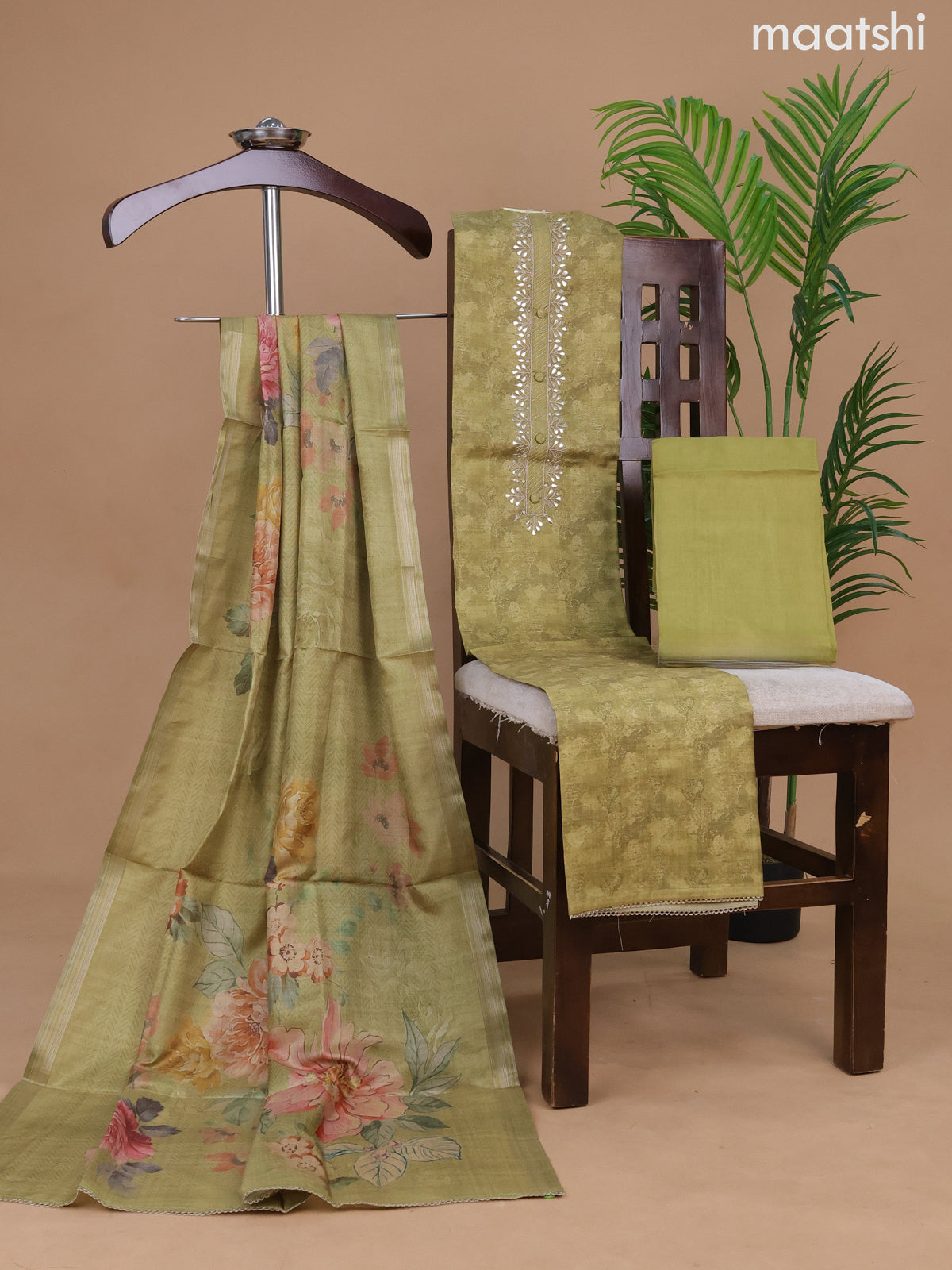 Semi tussar dress material lime green with allover prints & gota patti lace work neck pattern and bottom & floral printed dupatta