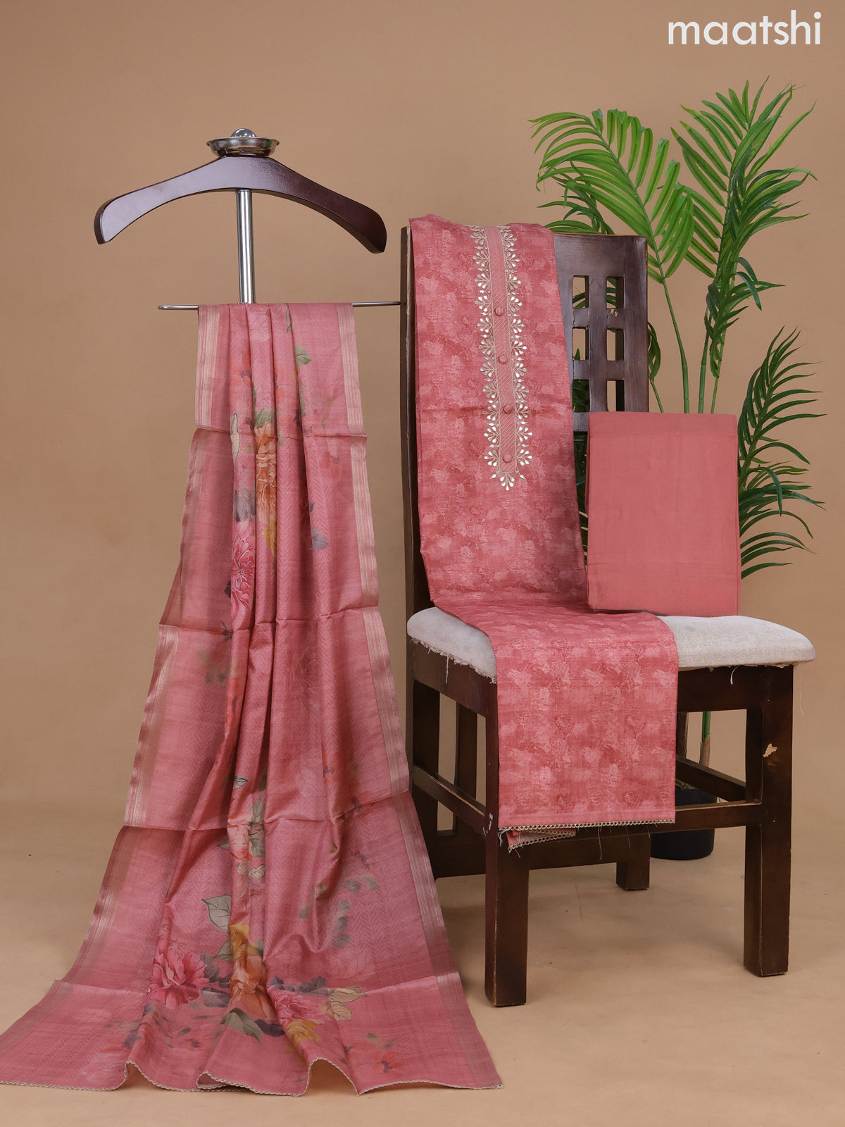 Semi tussar dress material dark peach shade with allover prints & gota patti lace work neck pattern and bottom & floral printed dupatta