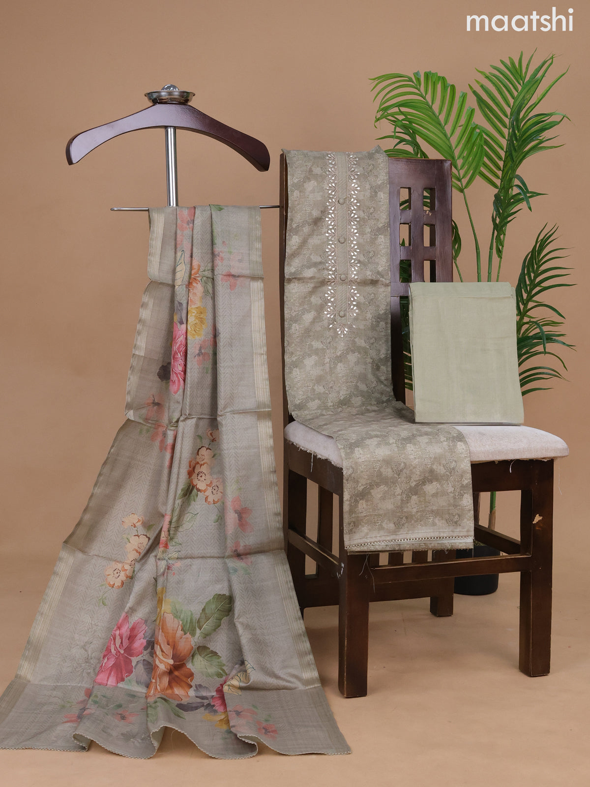 Semi tussar dress material elaichi green with allover prints & gota patti lace work neck pattern and bottom & floral printed dupatta