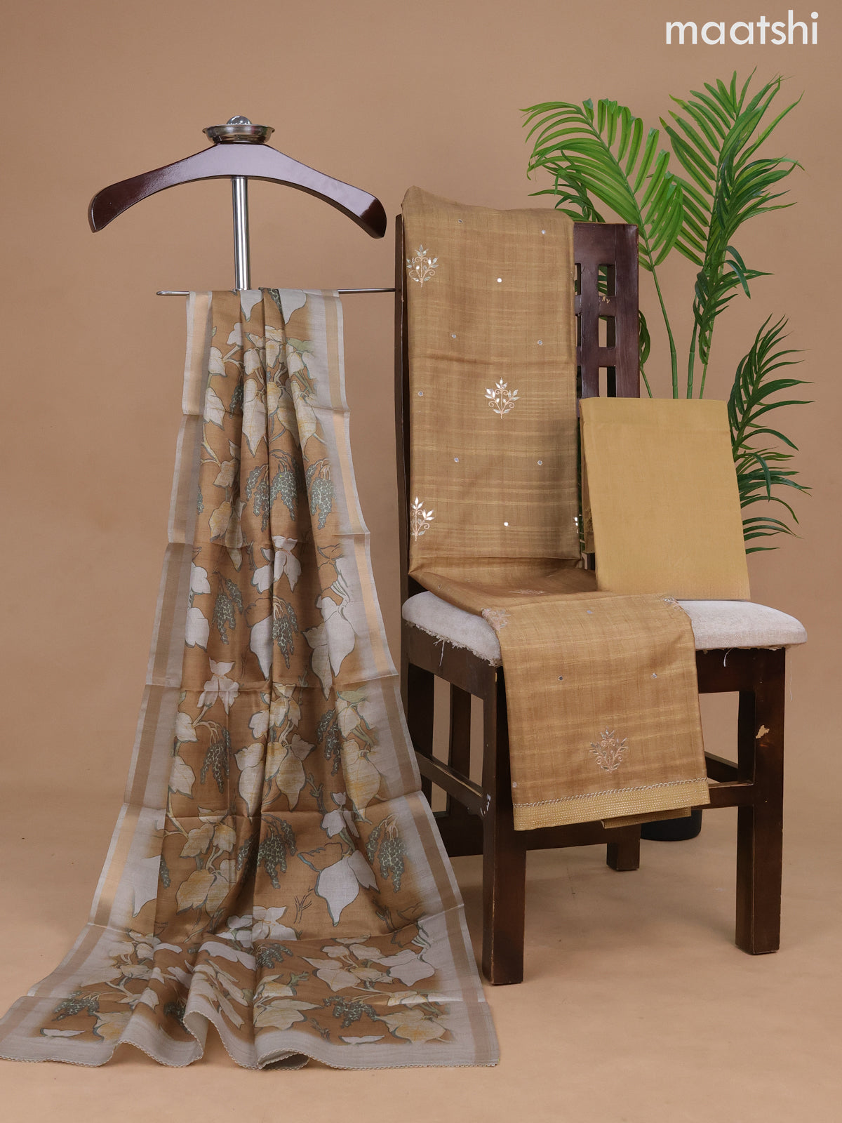 Semi tussar dress material dark sandal with gota patti lace work and bottom & printed dupatta